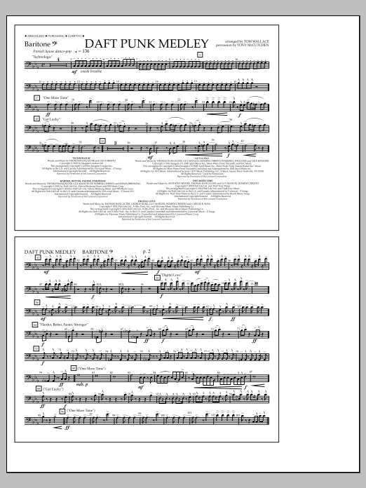 Learn to play Tom Wallace Daft Punk Medley - Baritone B.C. sheet music for Marching Band in minutes. Price: 7.8900$ Tom Wallace Daft Punk Medley - Baritone B.C. sheet music notes and chords arranged for Marching Band