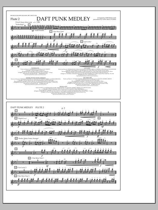 Learn to play Tom Wallace Daft Punk Medley - Flute 2 sheet music for Marching Band in minutes. Price: 7.8900$ Tom Wallace Daft Punk Medley - Flute 2 sheet music notes and chords arranged for Marching Band