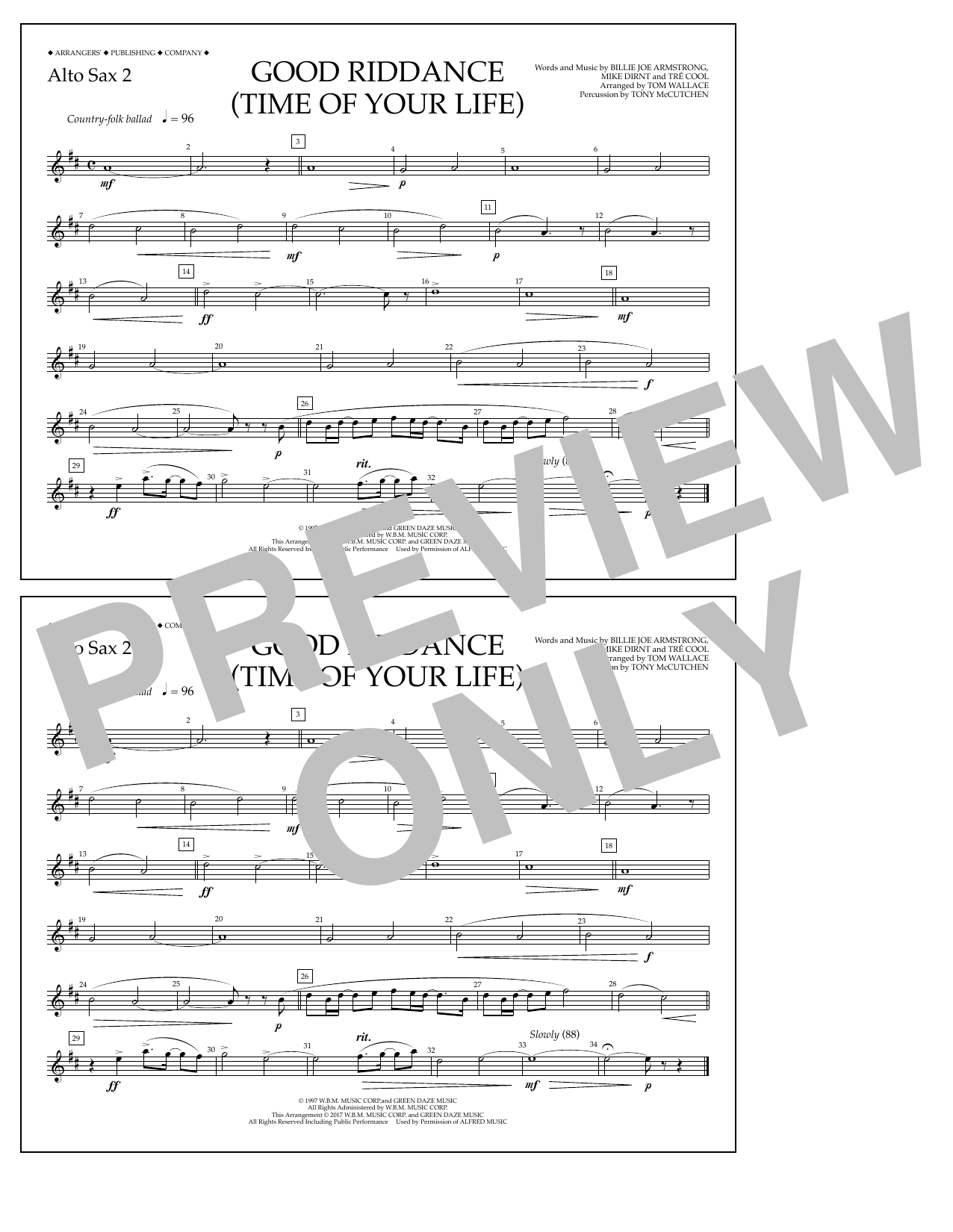 Learn to play Tom Wallace Good Riddance (Time of Your Life) - Alto Sax 2 sheet music for Marching Band in minutes. Price: 7.8900$ Tom Wallace Good Riddance (Time of Your Life) - Alto Sax 2 sheet music notes and chords arranged for Marching Band