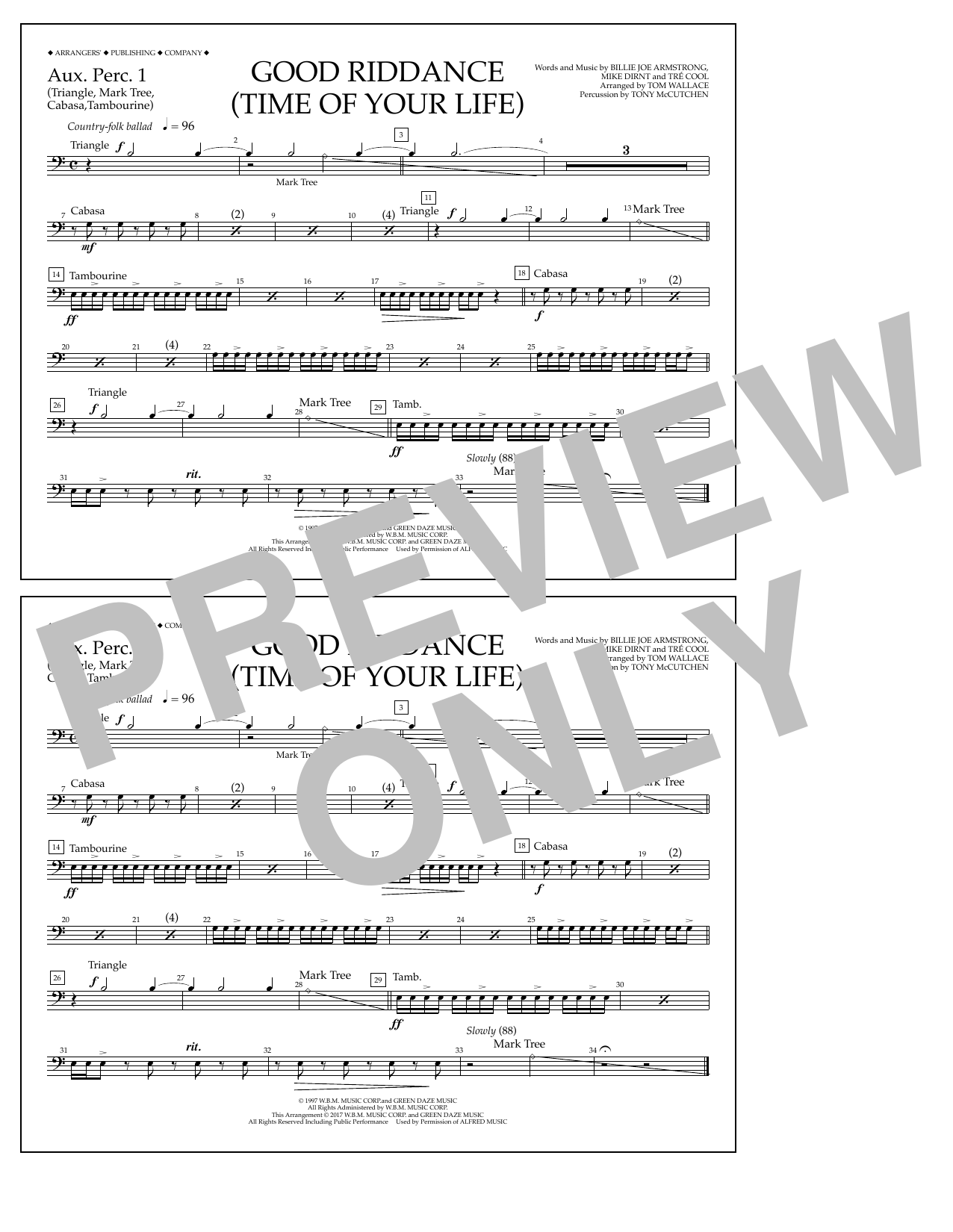 Learn to play Tom Wallace Good Riddance (Time of Your Life) - Aux. Perc. 1 sheet music for Marching Band in minutes. Price: 7.8900$ Tom Wallace Good Riddance (Time of Your Life) - Aux. Perc. 1 sheet music notes and chords arranged for Marching Band