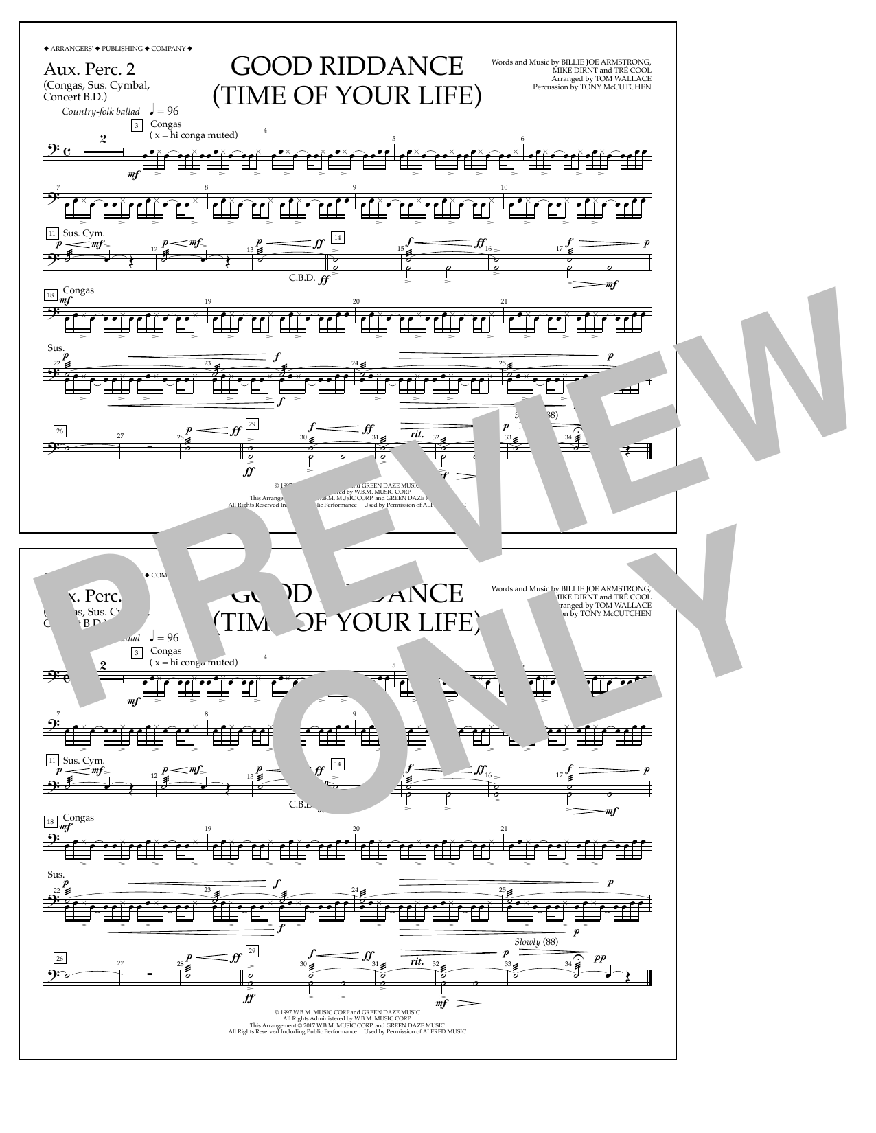 Learn to play Tom Wallace Good Riddance (Time of Your Life) - Aux. Perc. 2 sheet music for Marching Band in minutes. Price: 7.8900$ Tom Wallace Good Riddance (Time of Your Life) - Aux. Perc. 2 sheet music notes and chords arranged for Marching Band