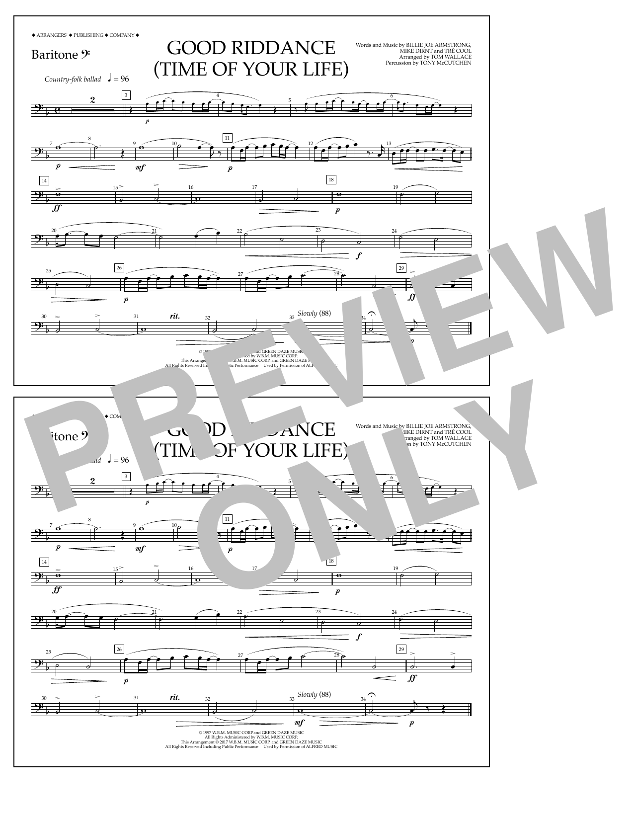 Learn to play Tom Wallace Good Riddance (Time of Your Life) - Baritone B.C. sheet music for Marching Band in minutes. Price: 7.8900$ Tom Wallace Good Riddance (Time of Your Life) - Baritone B.C. sheet music notes and chords arranged for Marching Band