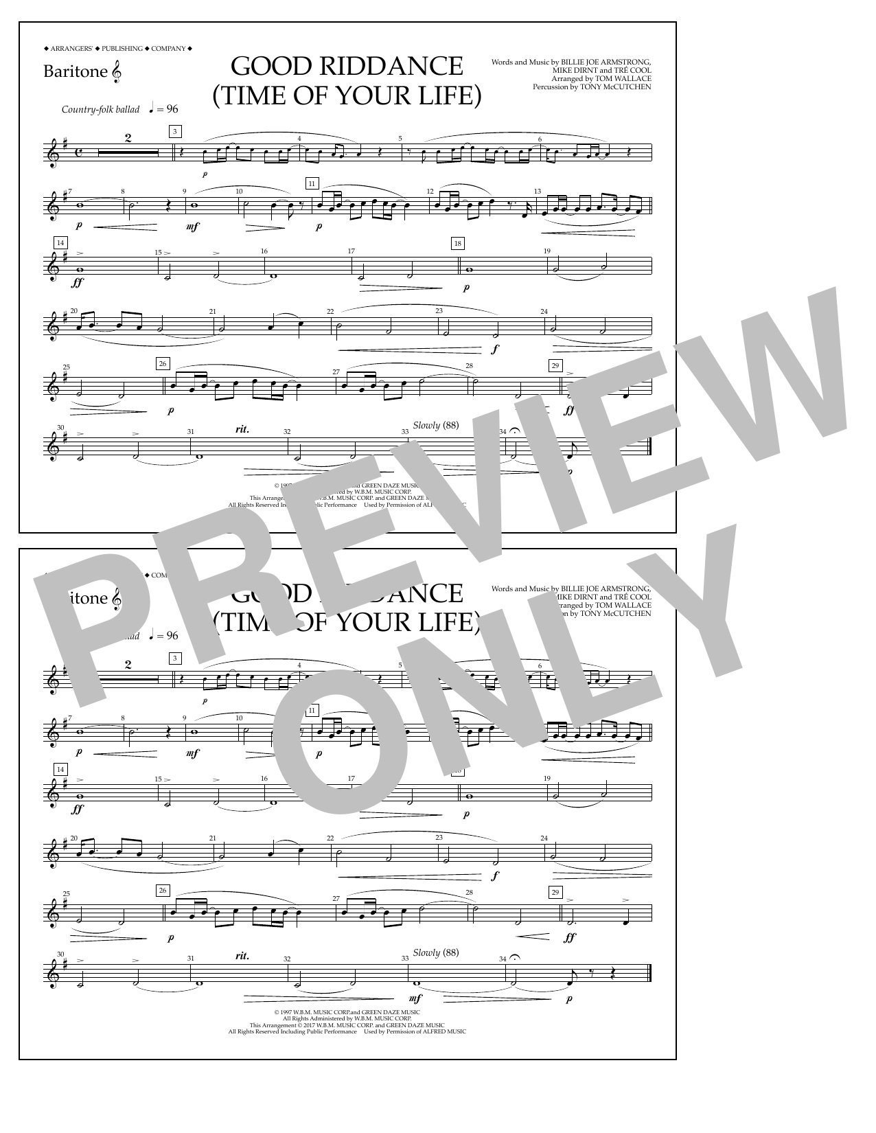 Learn to play Tom Wallace Good Riddance (Time of Your Life) - Baritone T.C. sheet music for Marching Band in minutes. Price: 7.8900$ Tom Wallace Good Riddance (Time of Your Life) - Baritone T.C. sheet music notes and chords arranged for Marching Band