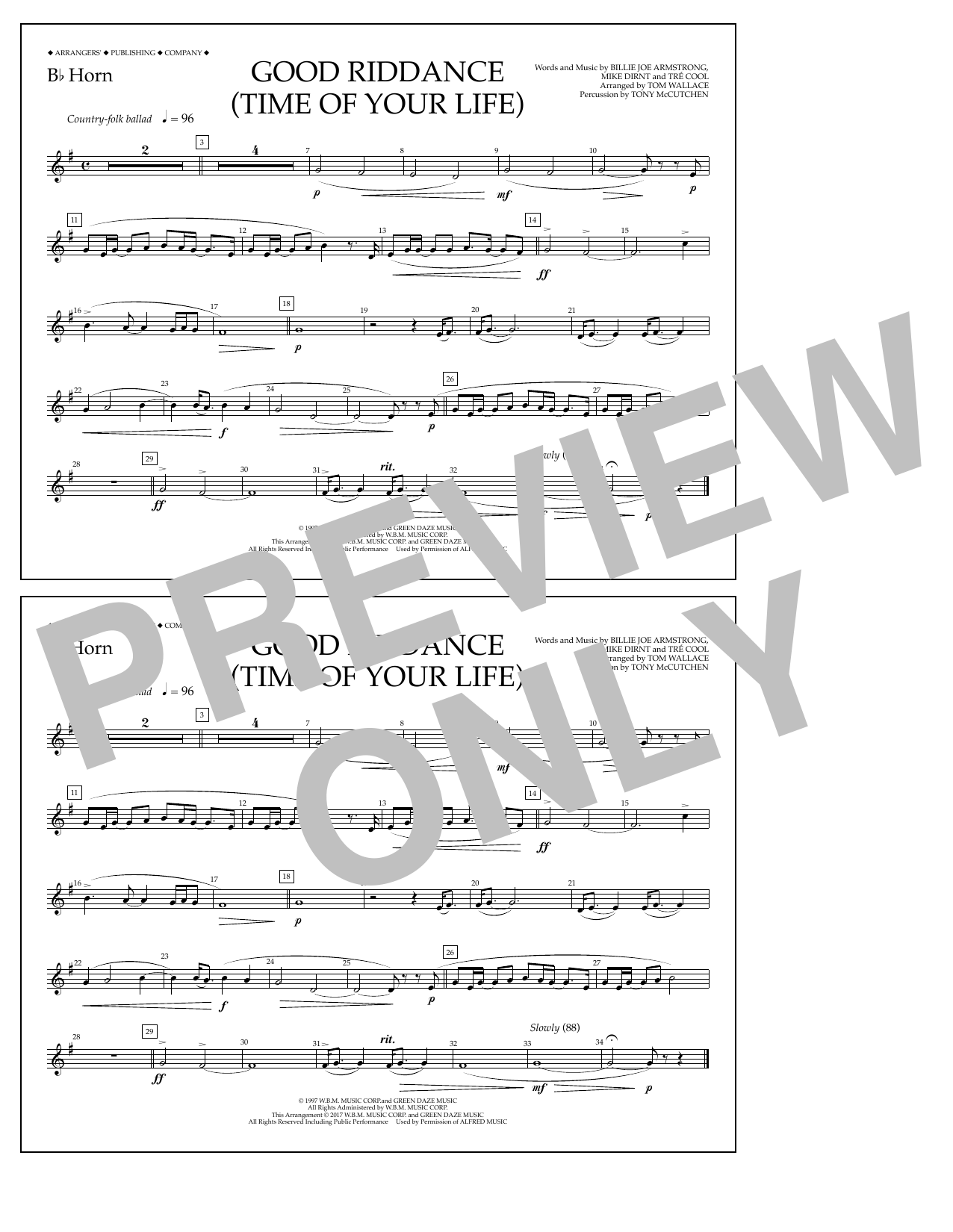 Learn to play Tom Wallace Good Riddance (Time of Your Life) - Bb Horn sheet music for Marching Band in minutes. Price: 7.8900$ Tom Wallace Good Riddance (Time of Your Life) - Bb Horn sheet music notes and chords arranged for Marching Band