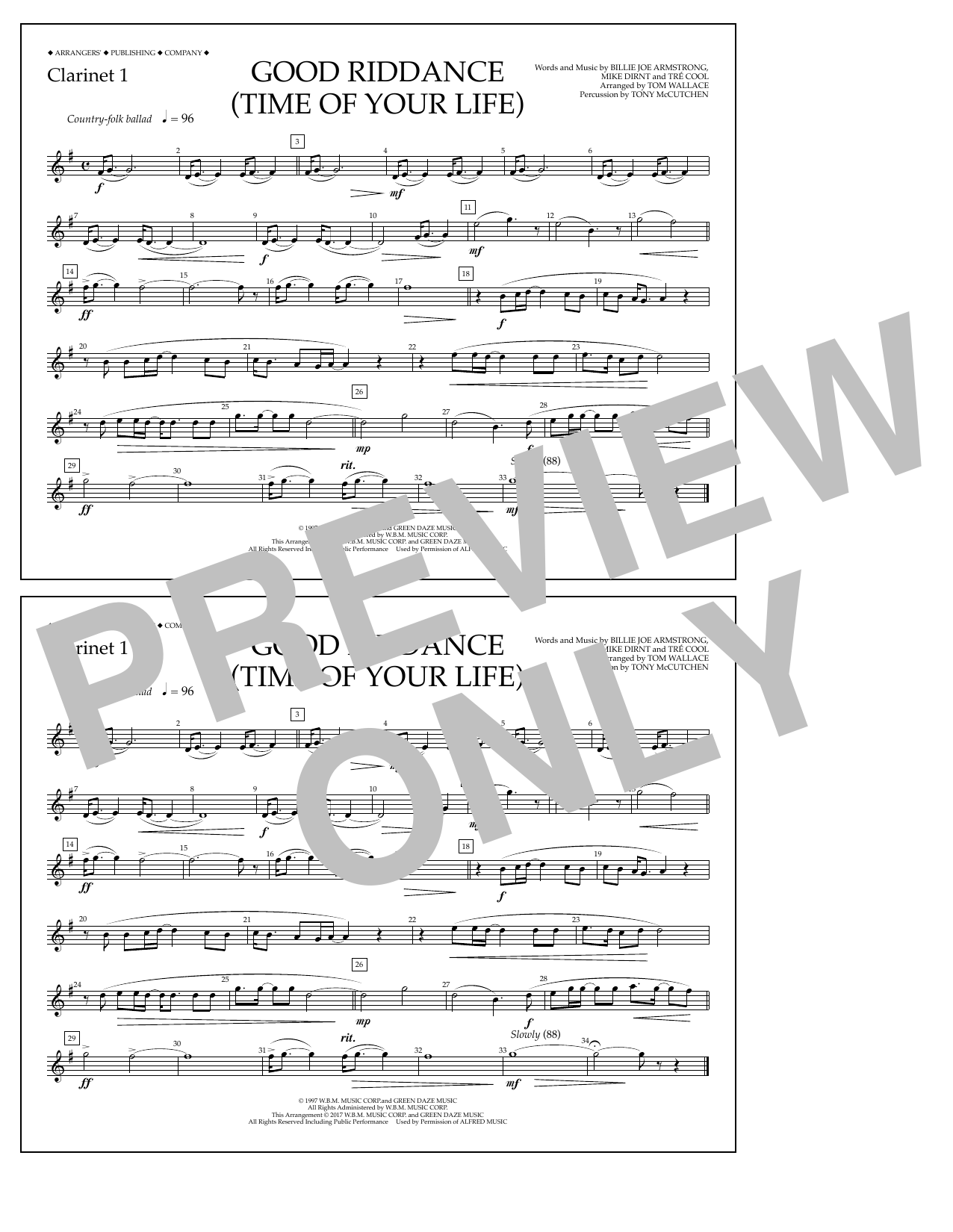 Learn to play Tom Wallace Good Riddance (Time of Your Life) - Clarinet 1 sheet music for Marching Band in minutes. Price: 7.8900$ Tom Wallace Good Riddance (Time of Your Life) - Clarinet 1 sheet music notes and chords arranged for Marching Band