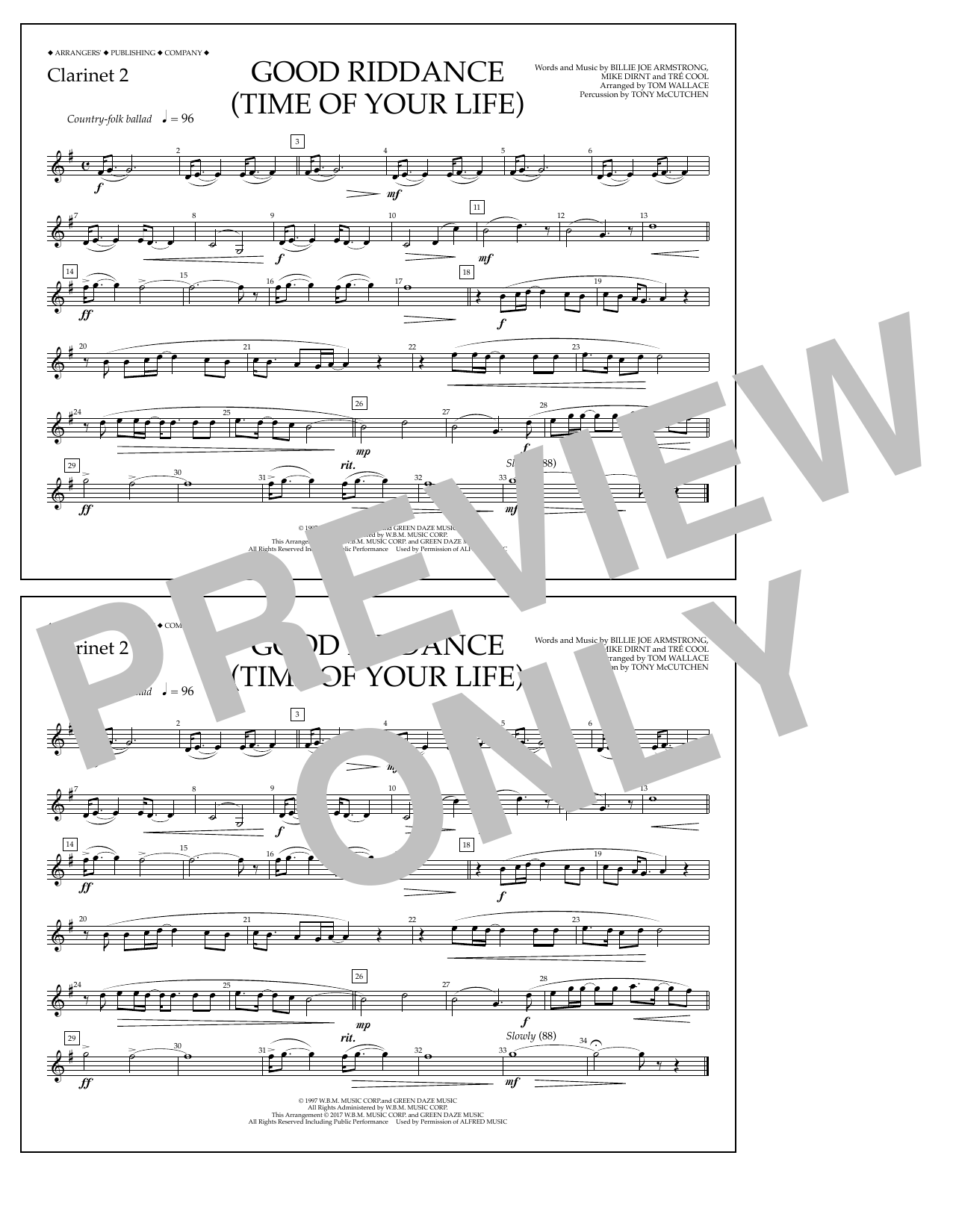 Learn to play Tom Wallace Good Riddance (Time of Your Life) - Clarinet 2 sheet music for Marching Band in minutes. Price: 7.8900$ Tom Wallace Good Riddance (Time of Your Life) - Clarinet 2 sheet music notes and chords arranged for Marching Band