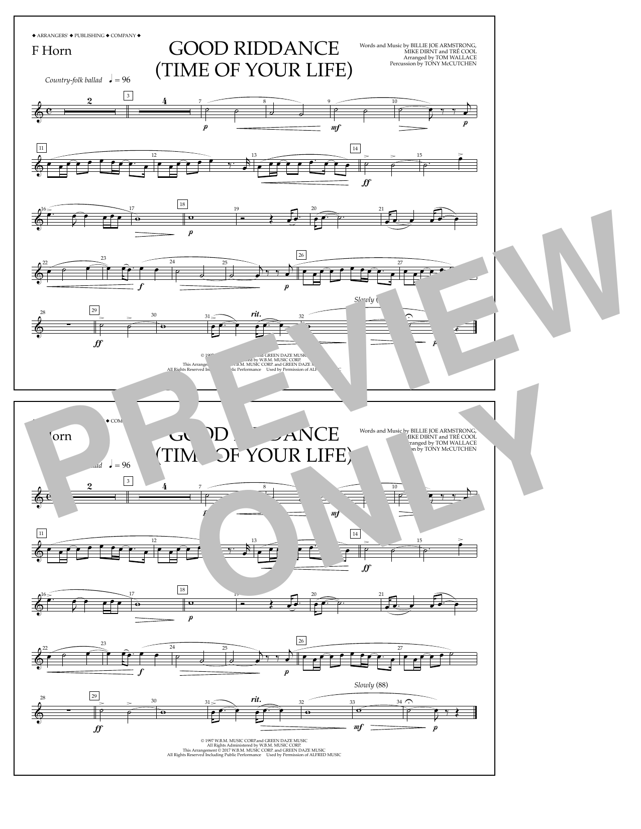 Learn to play Tom Wallace Good Riddance (Time of Your Life) - F Horn sheet music for Marching Band in minutes. Price: 7.8900$ Tom Wallace Good Riddance (Time of Your Life) - F Horn sheet music notes and chords arranged for Marching Band