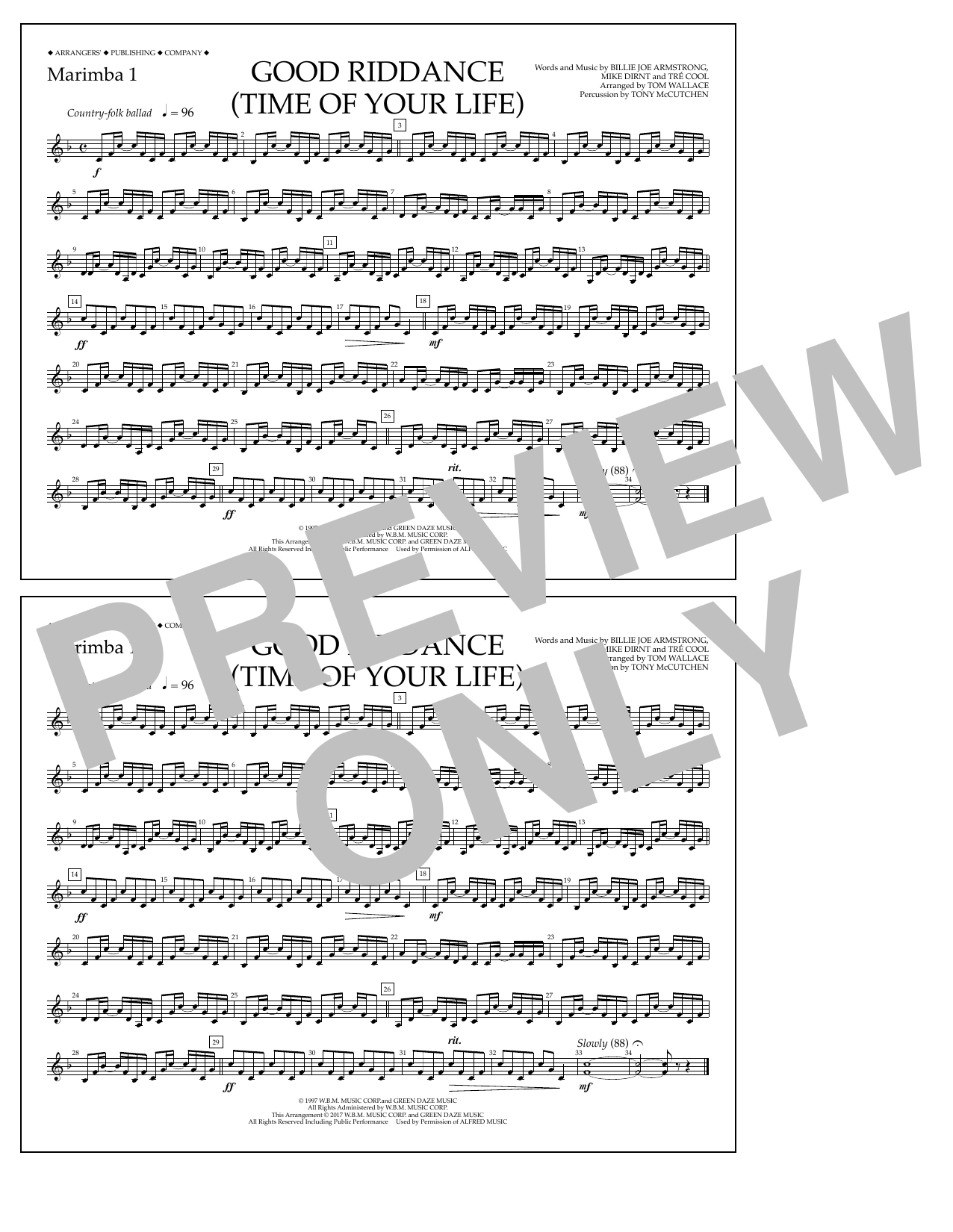 Learn to play Tom Wallace Good Riddance (Time of Your Life) - Marimba 1 sheet music for Marching Band in minutes. Price: 7.8900$ Tom Wallace Good Riddance (Time of Your Life) - Marimba 1 sheet music notes and chords arranged for Marching Band