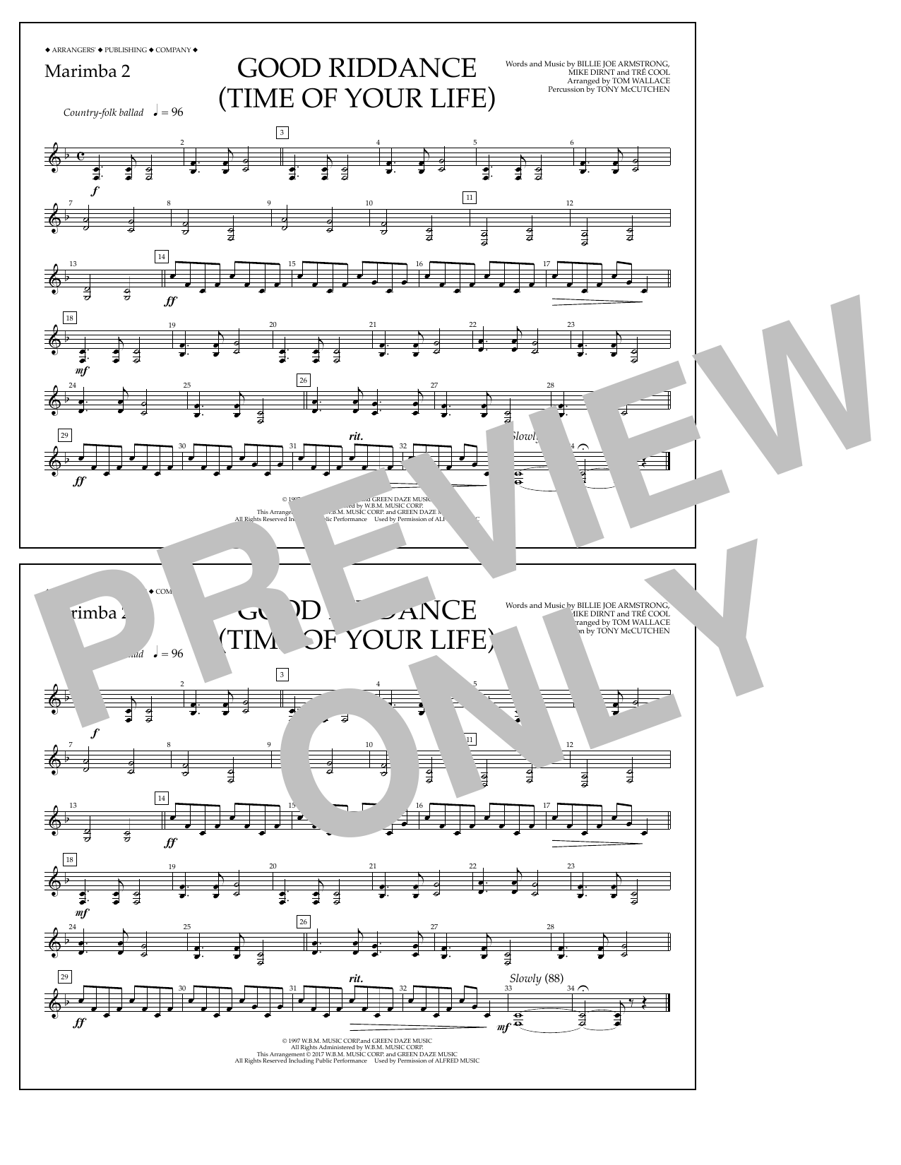 Learn to play Tom Wallace Good Riddance (Time of Your Life) - Marimba 2 sheet music for Marching Band in minutes. Price: 7.8900$ Tom Wallace Good Riddance (Time of Your Life) - Marimba 2 sheet music notes and chords arranged for Marching Band