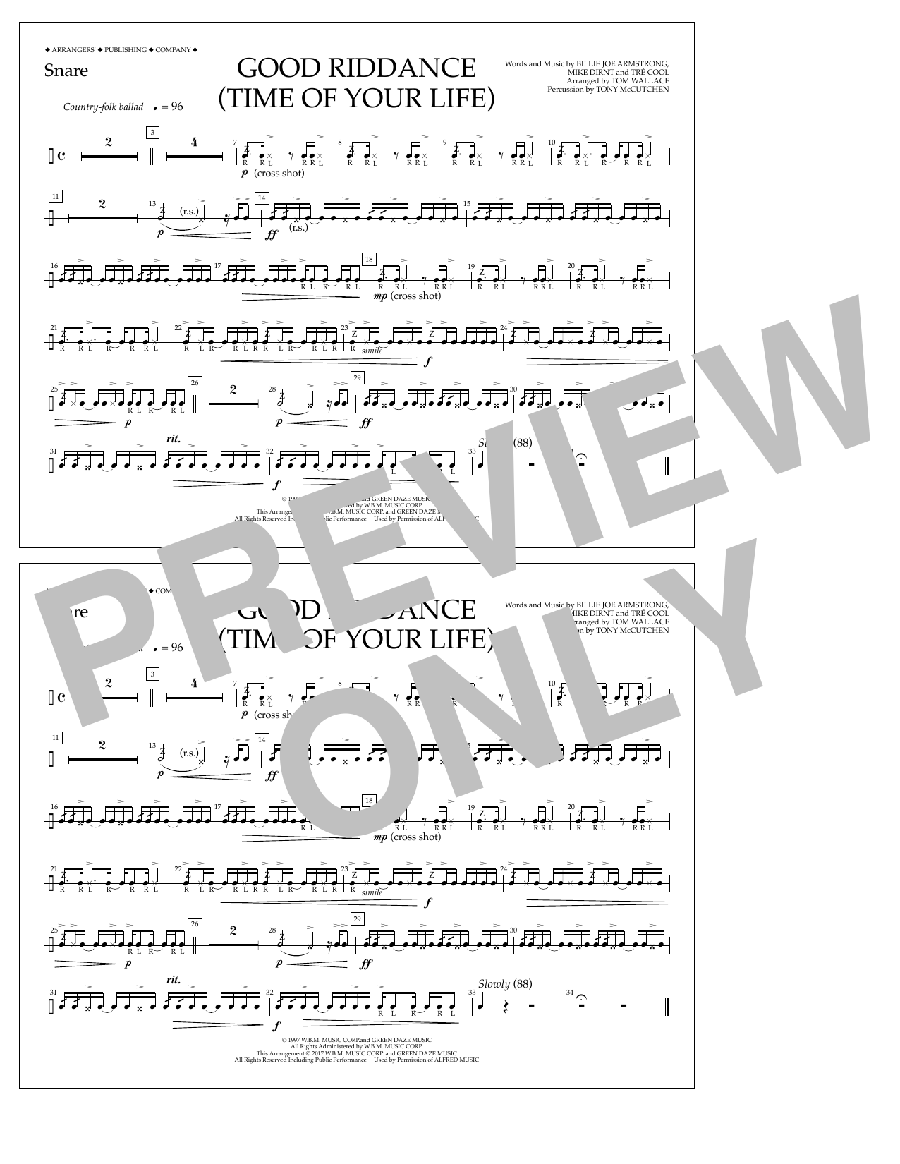 Learn to play Tom Wallace Good Riddance (Time of Your Life) - Snare sheet music for Marching Band in minutes. Price: 7.8900$ Tom Wallace Good Riddance (Time of Your Life) - Snare sheet music notes and chords arranged for Marching Band
