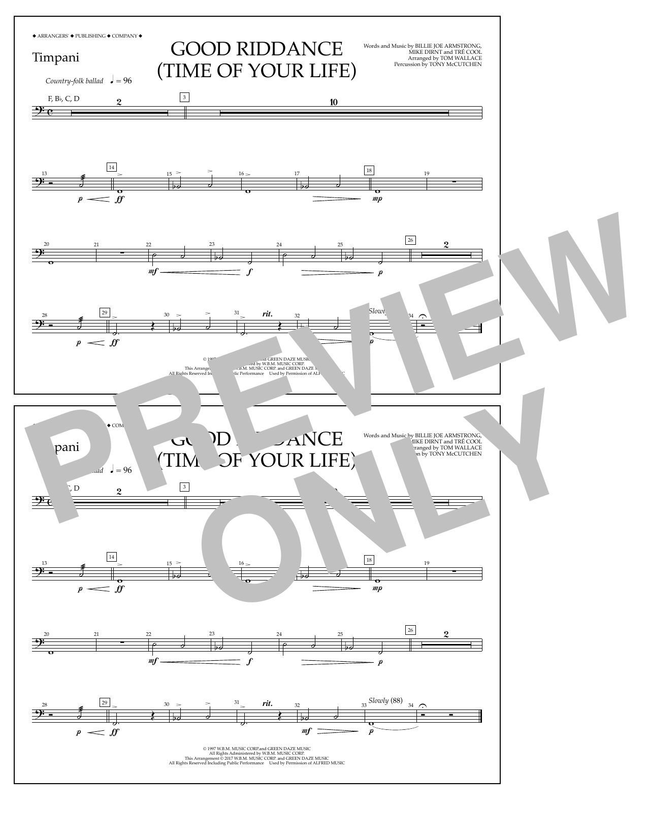 Learn to play Tom Wallace Good Riddance (Time of Your Life) - Timpani sheet music for Marching Band in minutes. Price: 7.8900$ Tom Wallace Good Riddance (Time of Your Life) - Timpani sheet music notes and chords arranged for Marching Band