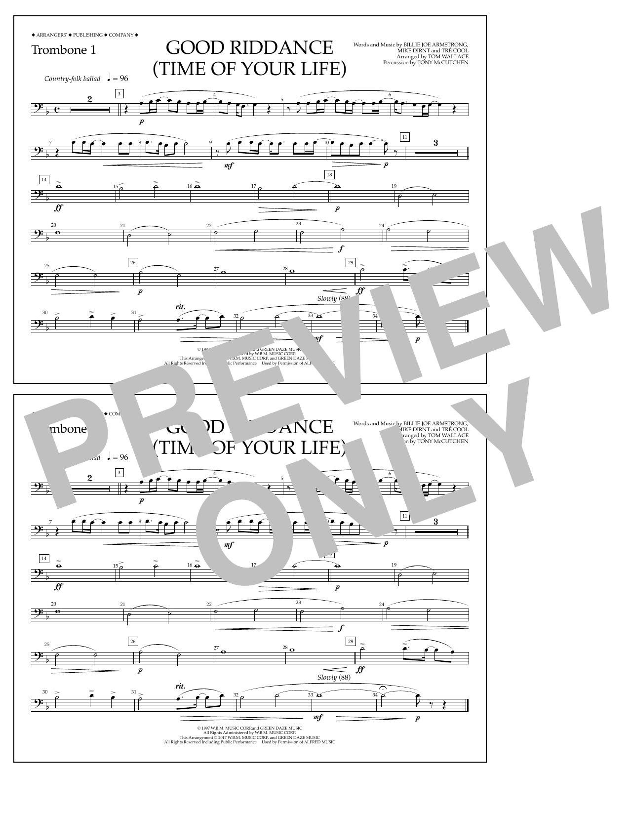 Learn to play Tom Wallace Good Riddance (Time of Your Life) - Trombone 1 sheet music for Marching Band in minutes. Price: 7.8900$ Tom Wallace Good Riddance (Time of Your Life) - Trombone 1 sheet music notes and chords arranged for Marching Band
