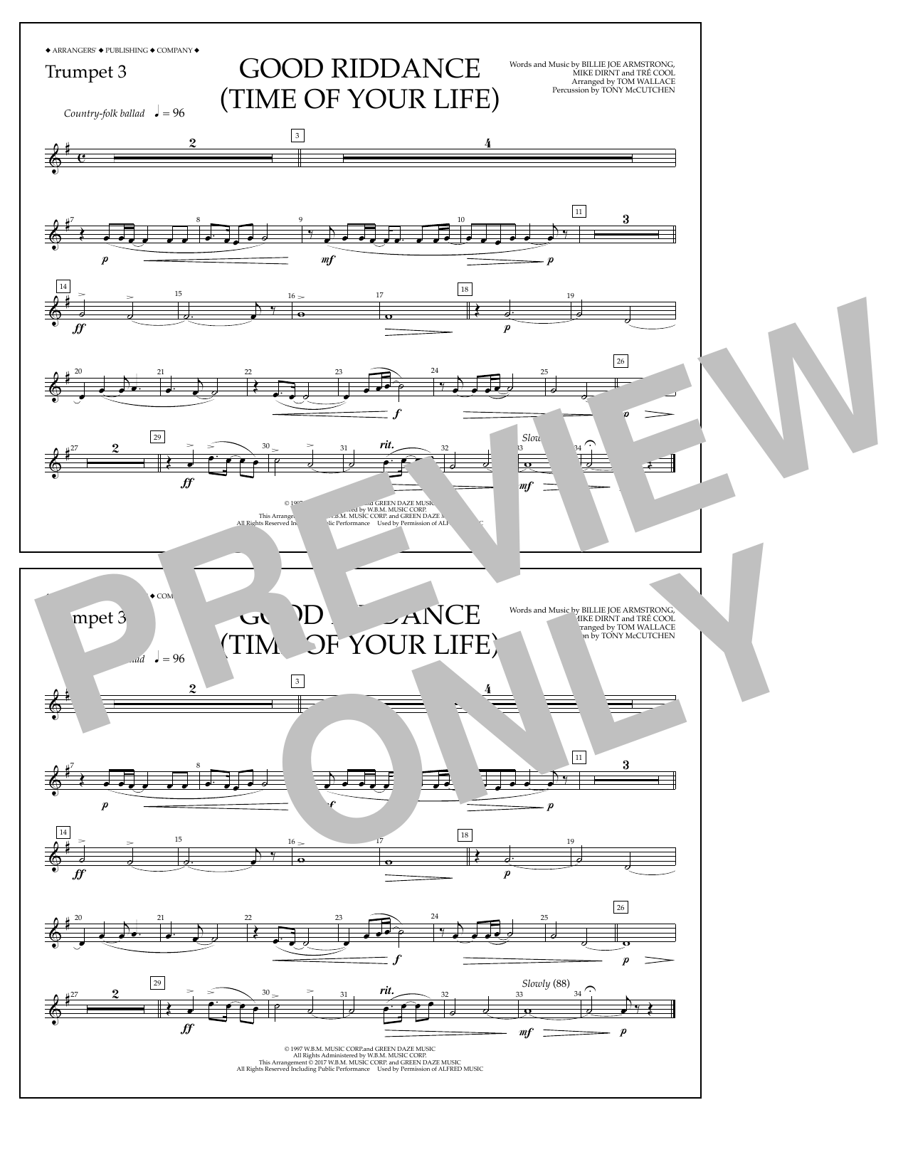 Learn to play Tom Wallace Good Riddance (Time of Your Life) - Trumpet 3 sheet music for Marching Band in minutes. Price: 7.8900$ Tom Wallace Good Riddance (Time of Your Life) - Trumpet 3 sheet music notes and chords arranged for Marching Band