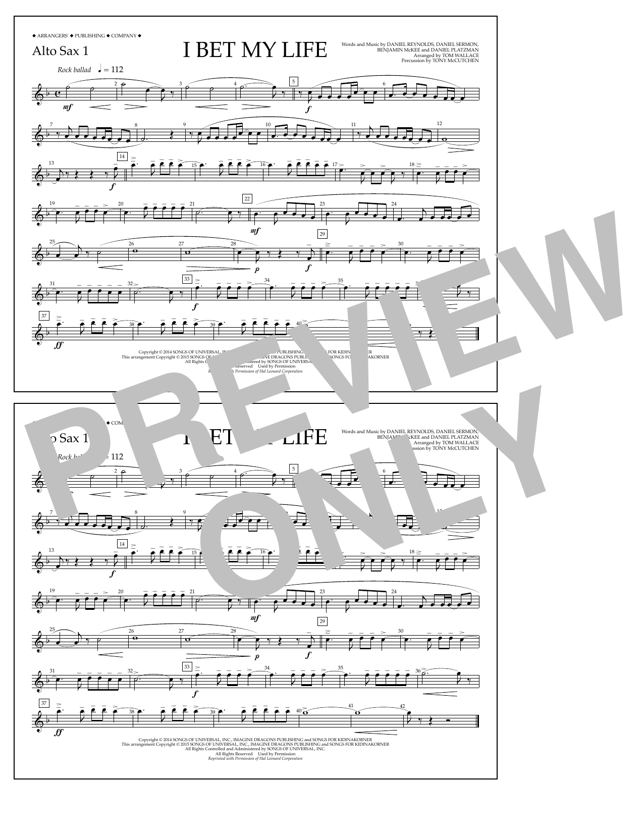 Learn to play Tom Wallace I Bet My Life - Alto Sax 1 sheet music for Marching Band in minutes. Price: 7.8900$ Tom Wallace I Bet My Life - Alto Sax 1 sheet music notes and chords arranged for Marching Band