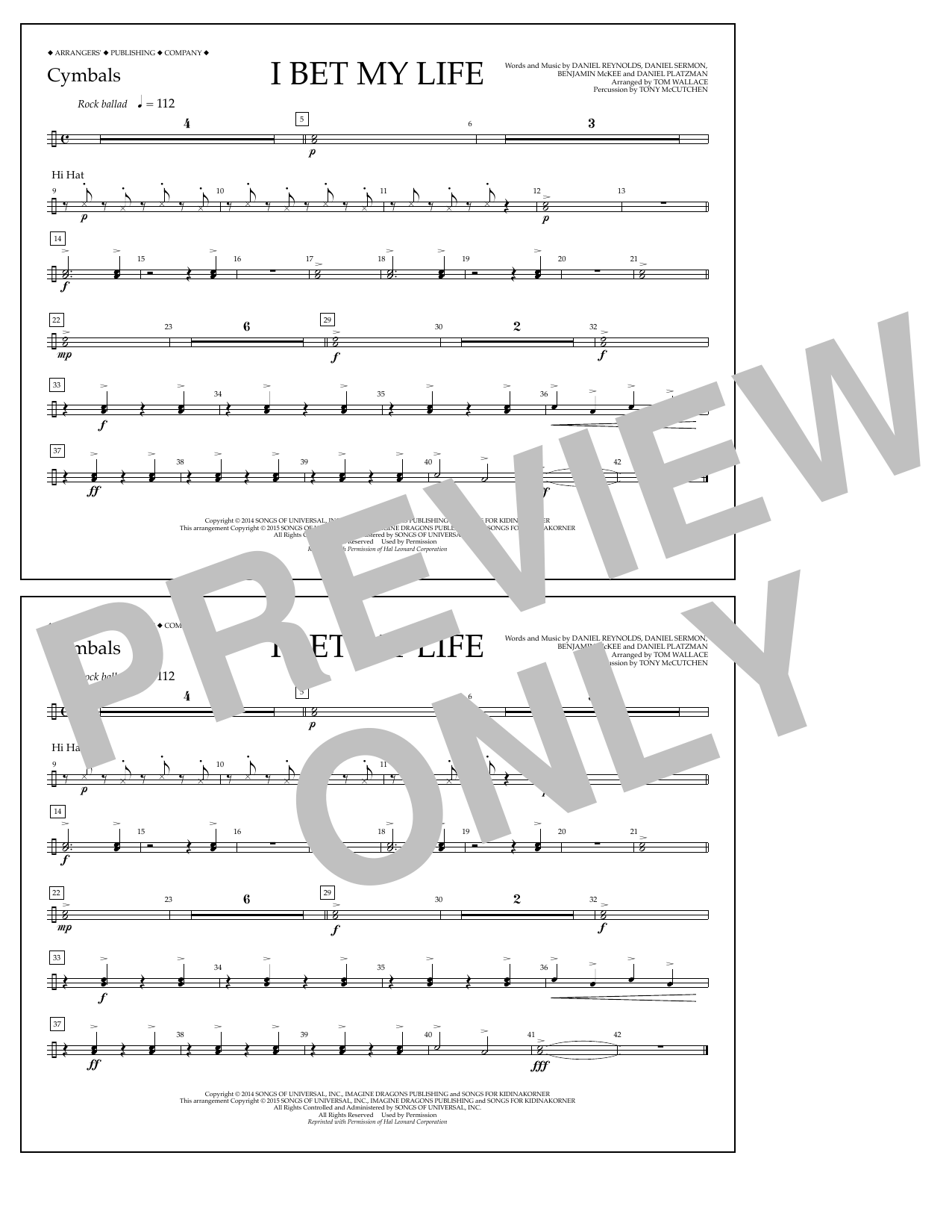 Learn to play Tom Wallace I Bet My Life - Cymbals sheet music for Marching Band in minutes. Price: 7.8900$ Tom Wallace I Bet My Life - Cymbals sheet music notes and chords arranged for Marching Band