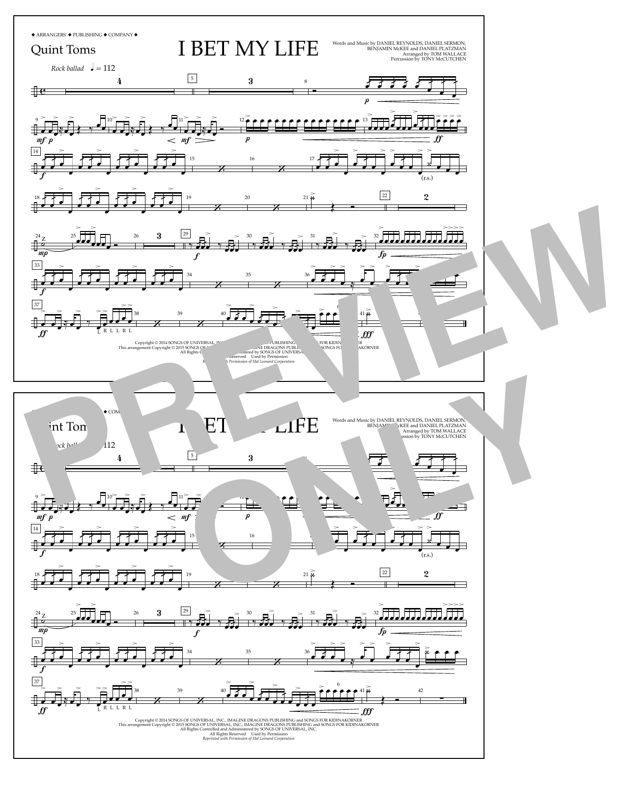 Learn to play Tom Wallace I Bet My Life - Quint-Toms sheet music for Marching Band in minutes. Price: 7.8900$ Tom Wallace I Bet My Life - Quint-Toms sheet music notes and chords arranged for Marching Band