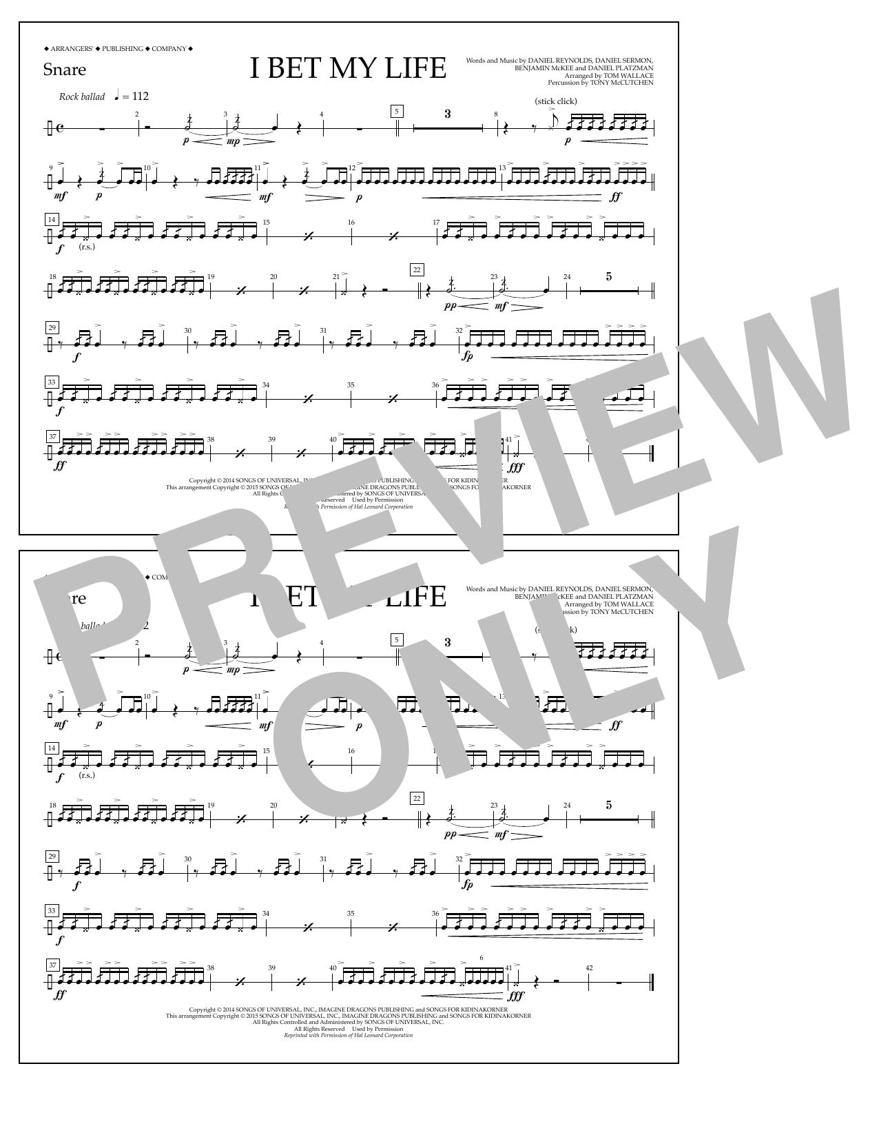 Learn to play Tom Wallace I Bet My Life - Snare sheet music for Marching Band in minutes. Price: 7.8900$ Tom Wallace I Bet My Life - Snare sheet music notes and chords arranged for Marching Band