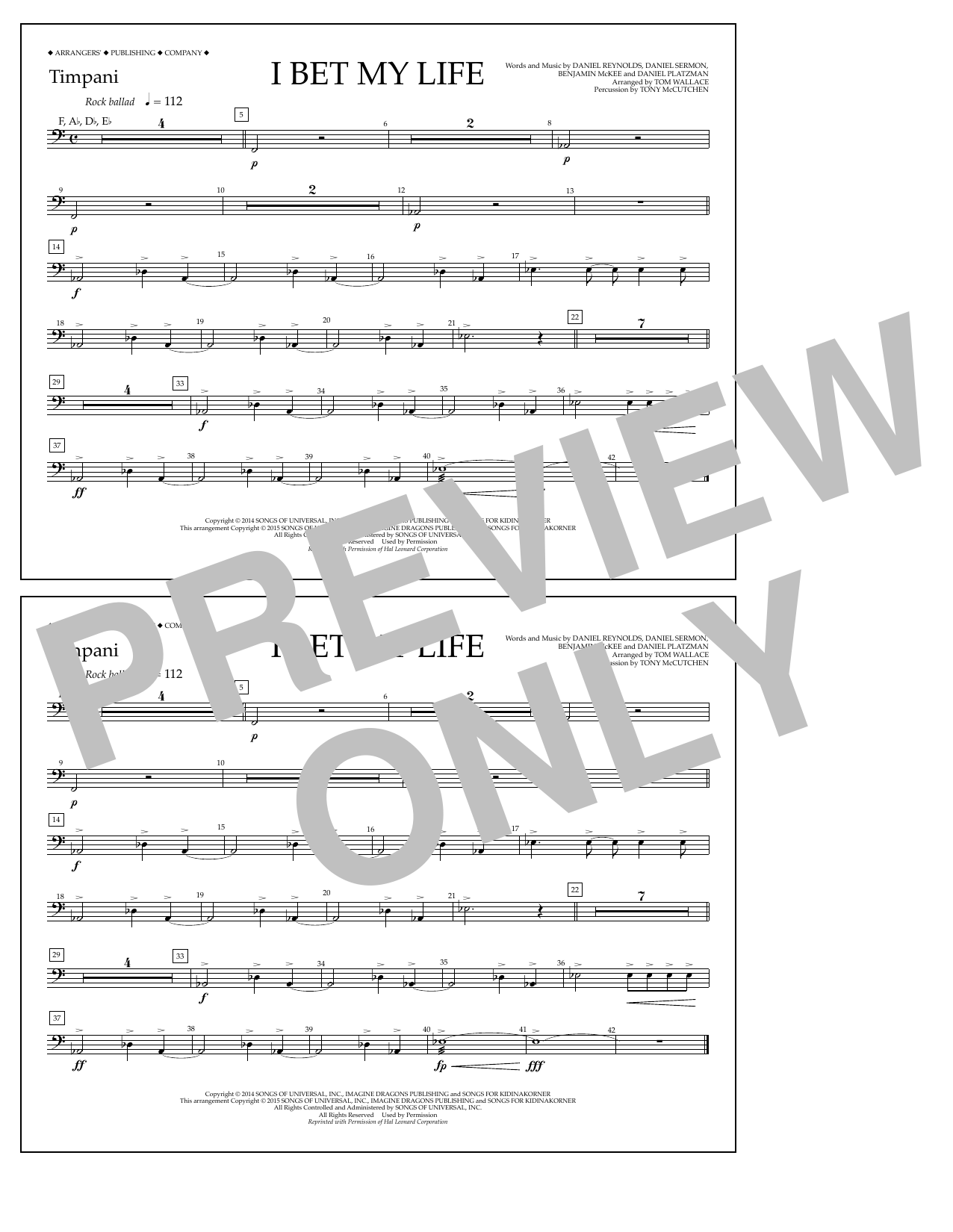 Learn to play Tom Wallace I Bet My Life - Timpani sheet music for Marching Band in minutes. Price: 7.8900$ Tom Wallace I Bet My Life - Timpani sheet music notes and chords arranged for Marching Band