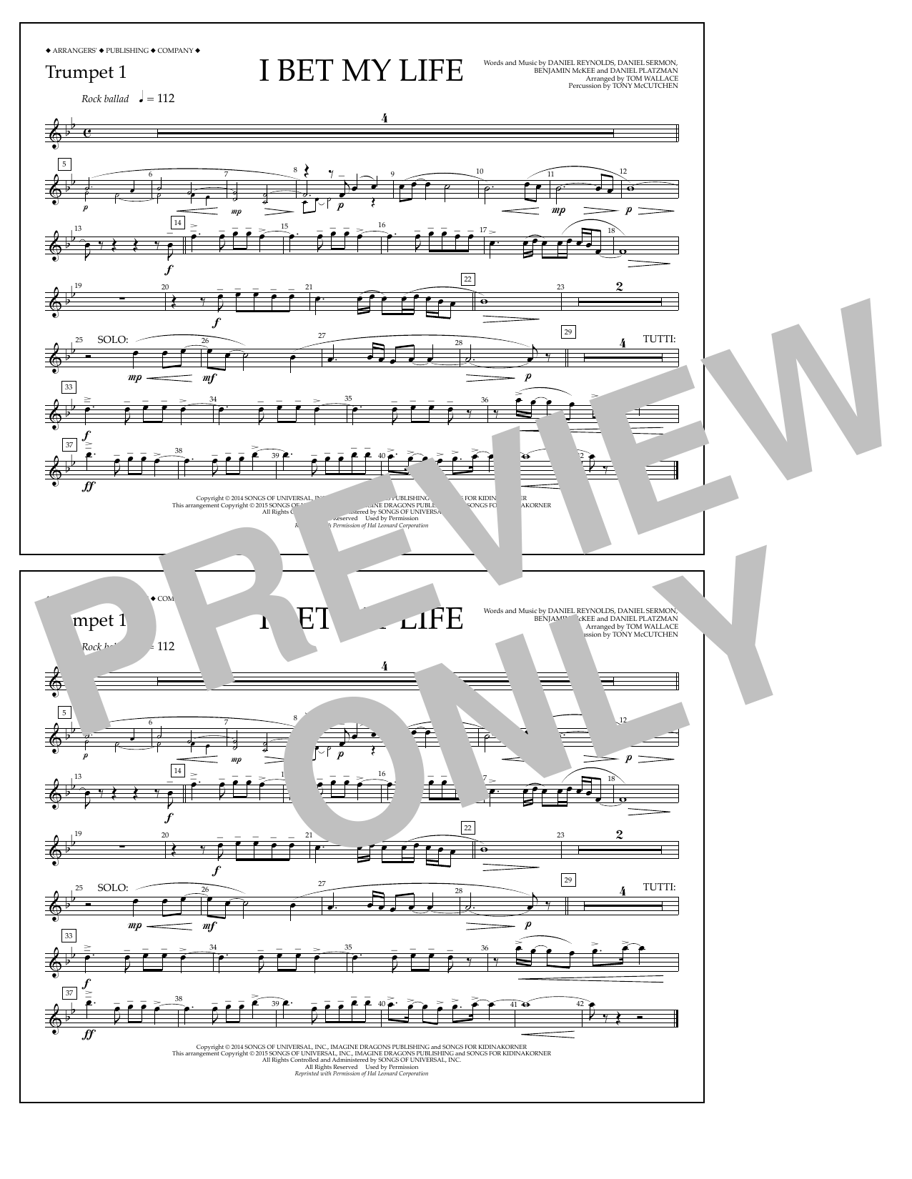 Learn to play Tom Wallace I Bet My Life - Trumpet 1 sheet music for Marching Band in minutes. Price: 7.8900$ Tom Wallace I Bet My Life - Trumpet 1 sheet music notes and chords arranged for Marching Band