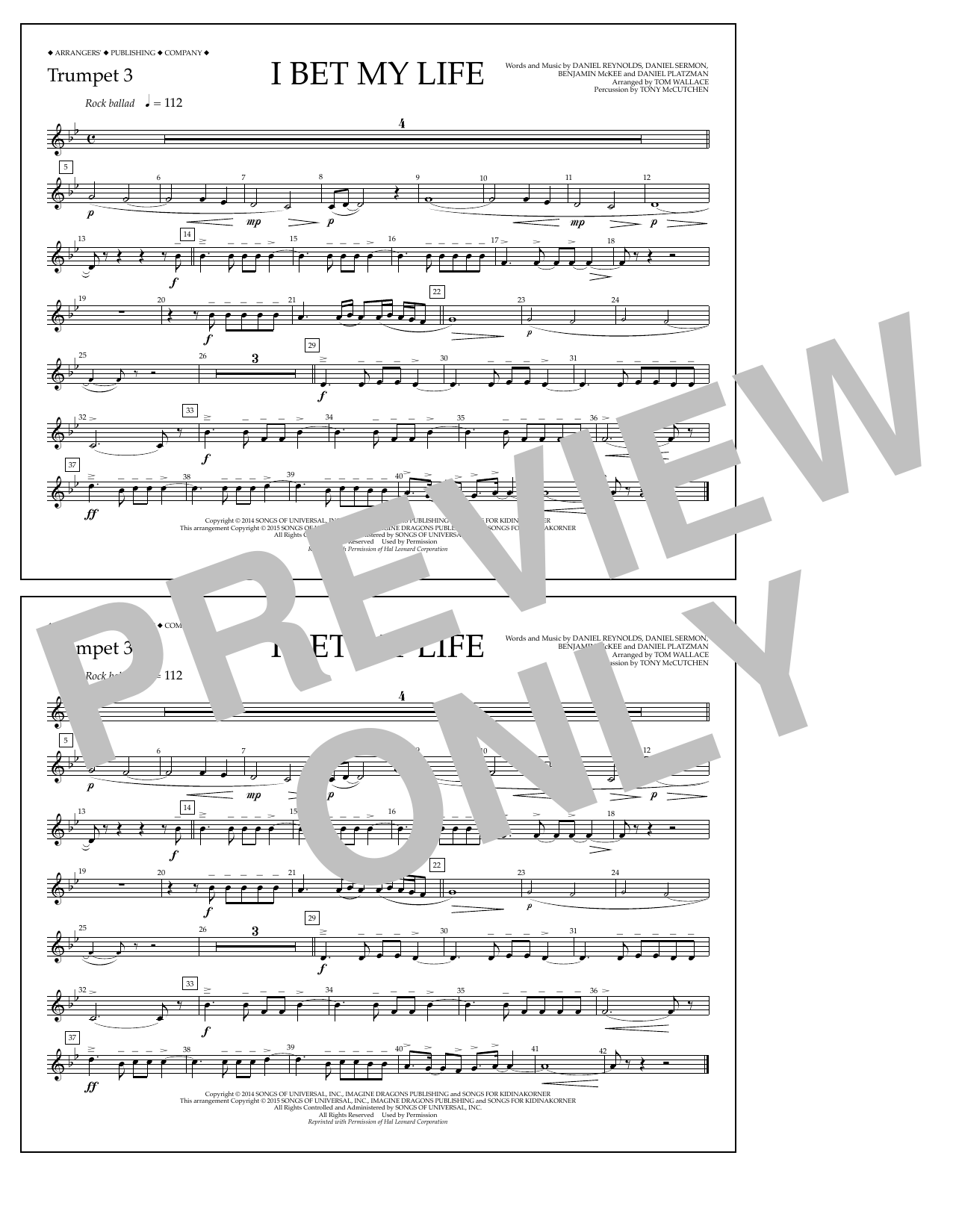 Learn to play Tom Wallace I Bet My Life - Trumpet 3 sheet music for Marching Band in minutes. Price: 7.8900$ Tom Wallace I Bet My Life - Trumpet 3 sheet music notes and chords arranged for Marching Band