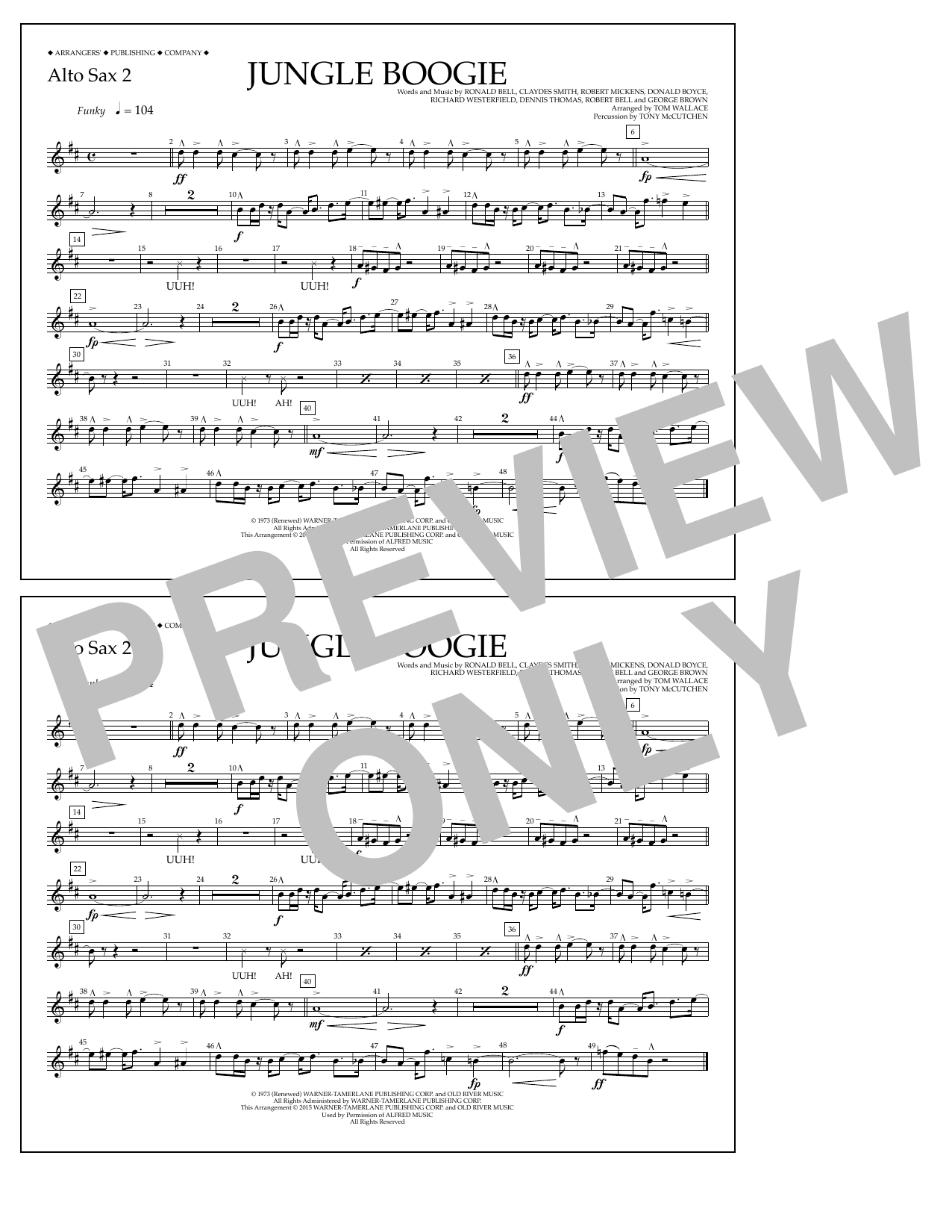Learn to play Tom Wallace Jungle Boogie - Alto Sax 2 sheet music for Marching Band in minutes. Price: 7.8900$ Tom Wallace Jungle Boogie - Alto Sax 2 sheet music notes and chords arranged for Marching Band