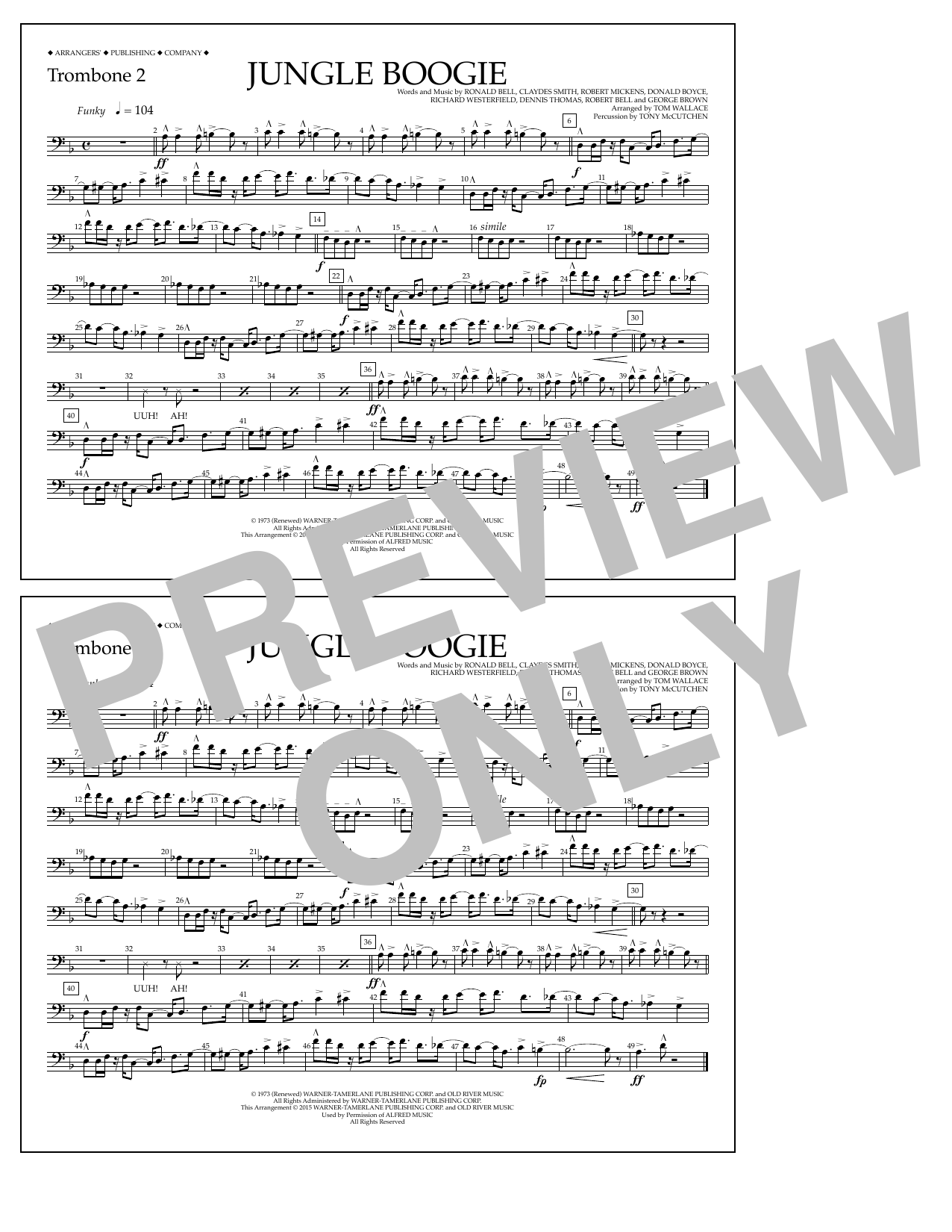 Tom Wallace Jungle Boogie - Trombone 2 sheet music notes and chords arranged for Marching Band