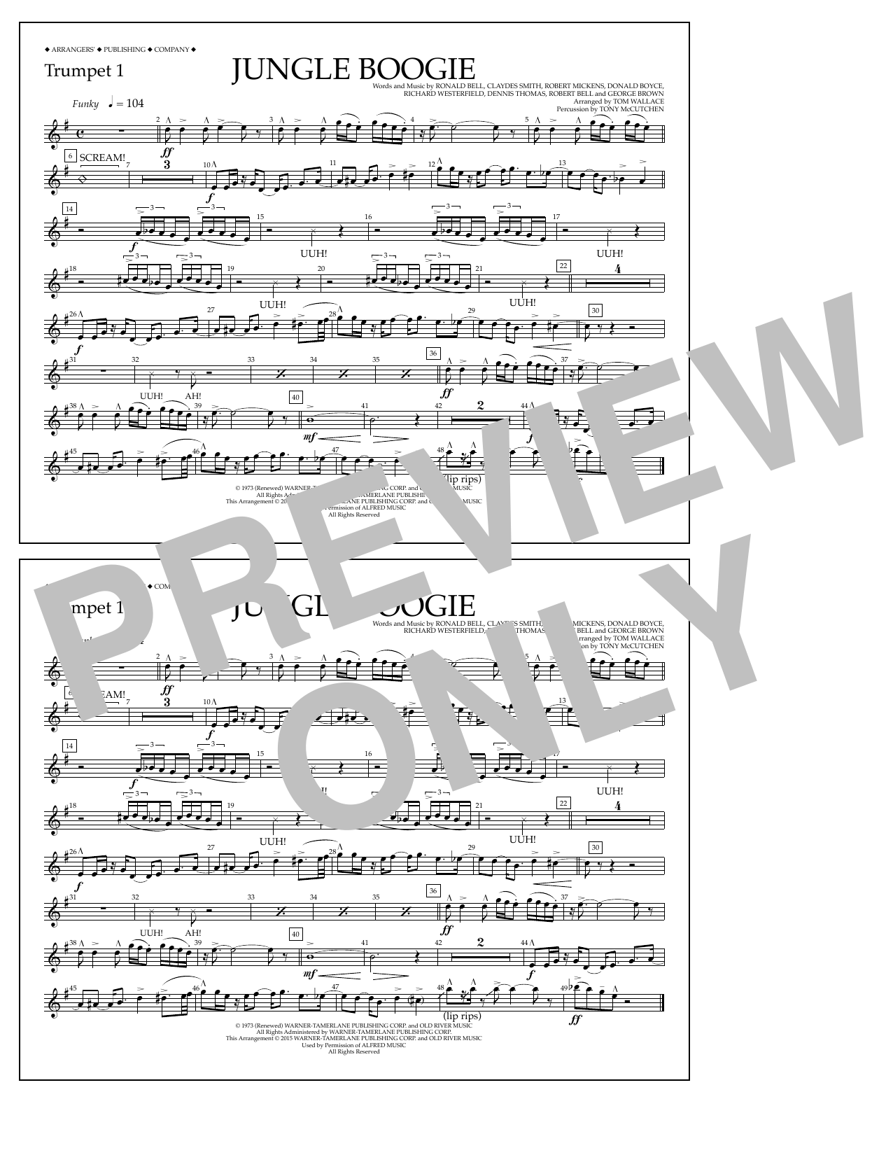 Learn to play Tom Wallace Jungle Boogie - Trumpet 1 sheet music for Marching Band in minutes. Price: 7.8900$ Tom Wallace Jungle Boogie - Trumpet 1 sheet music notes and chords arranged for Marching Band