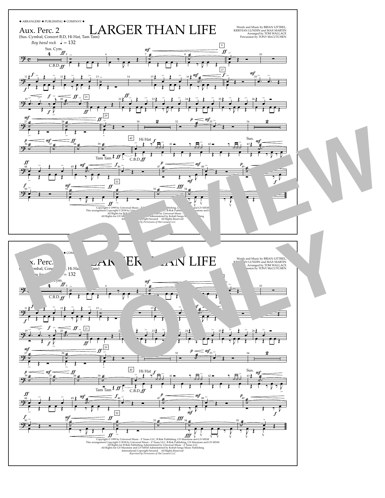 Learn to play Tom Wallace Larger Than Life - Aux. Perc. 2 sheet music for Marching Band in minutes. Price: 7.8900$ Tom Wallace Larger Than Life - Aux. Perc. 2 sheet music notes and chords arranged for Marching Band