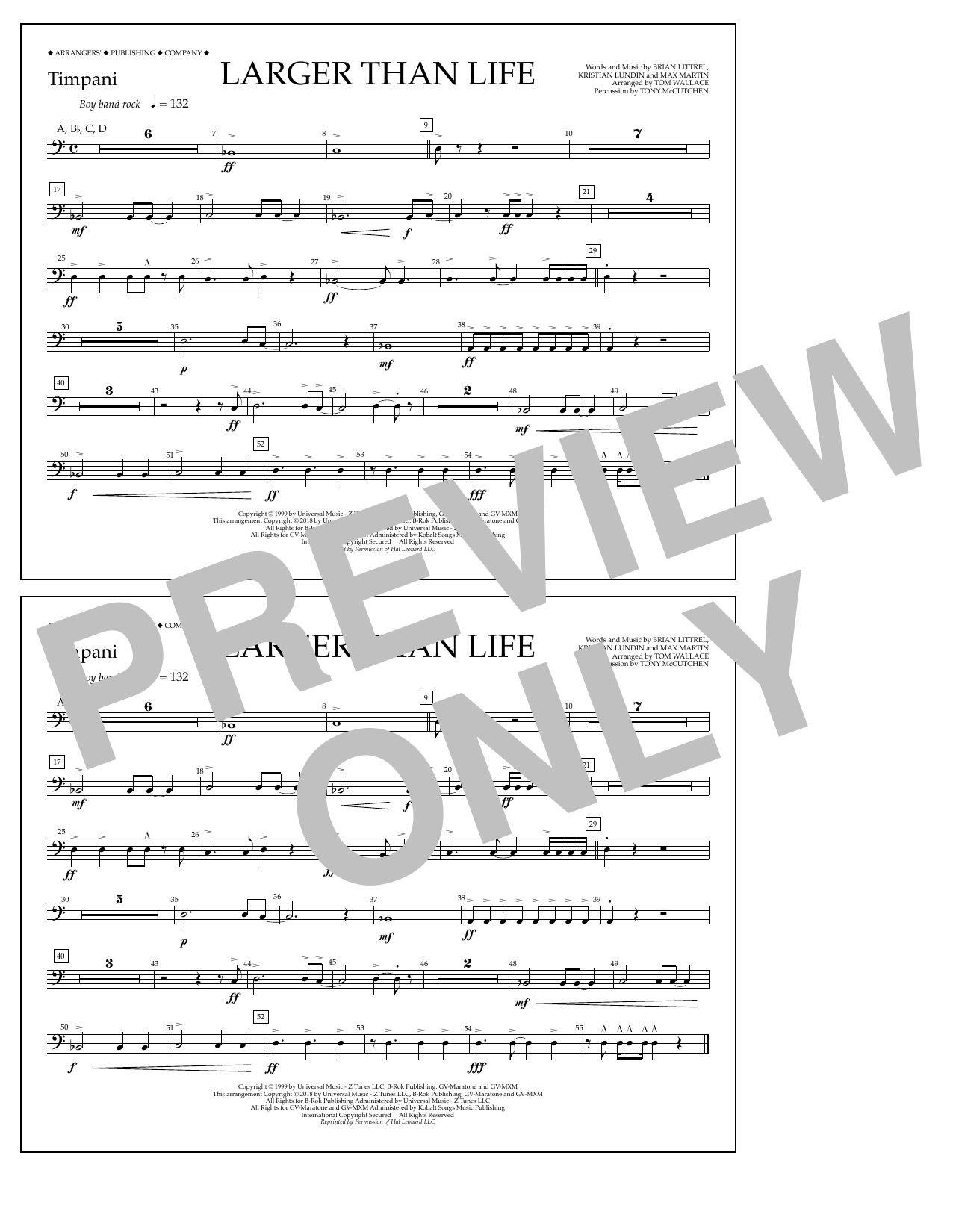 Tom Wallace Larger Than Life - Timpani sheet music notes and chords arranged for Marching Band