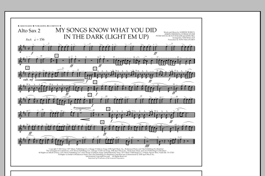 Learn to play Tom Wallace My Songs Know What You Did in the Dark (Light 'Em Up) - Alto Sax 2 sheet music for Marching Band in minutes. Price: 7.8900$ Tom Wallace My Songs Know What You Did in the Dark (Light 'Em Up) - Alto Sax 2 sheet music notes and chords arranged for Marching Band