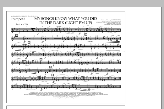 Learn to play Tom Wallace My Songs Know What You Did in the Dark (Light 'Em Up) - Trumpet 3 sheet music for Marching Band in minutes. Price: 7.8900$ Tom Wallace My Songs Know What You Did in the Dark (Light 'Em Up) - Trumpet 3 sheet music notes and chords arranged for Marching Band