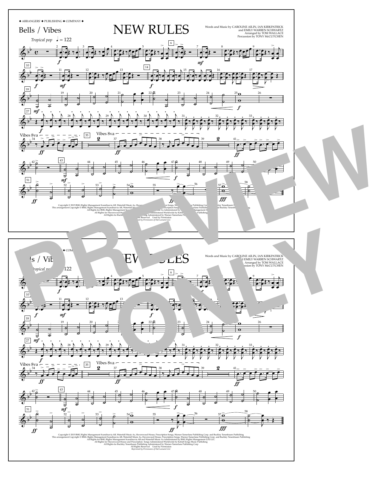 Learn to play Tom Wallace New Rules - Bells/Vibes sheet music for Marching Band in minutes. Price: 7.8900$ Tom Wallace New Rules - Bells/Vibes sheet music notes and chords arranged for Marching Band