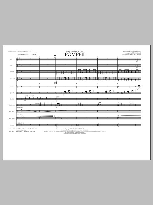 Learn to play Tom Wallace Pompeii - Percussion Score sheet music for Marching Band in minutes. Price: 14.9700$ Tom Wallace Pompeii - Percussion Score sheet music notes and chords arranged for Marching Band