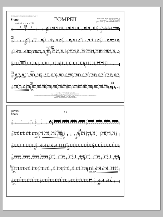 Tom Wallace Pompeii - Snare sheet music notes and chords. Download Printable PDF.