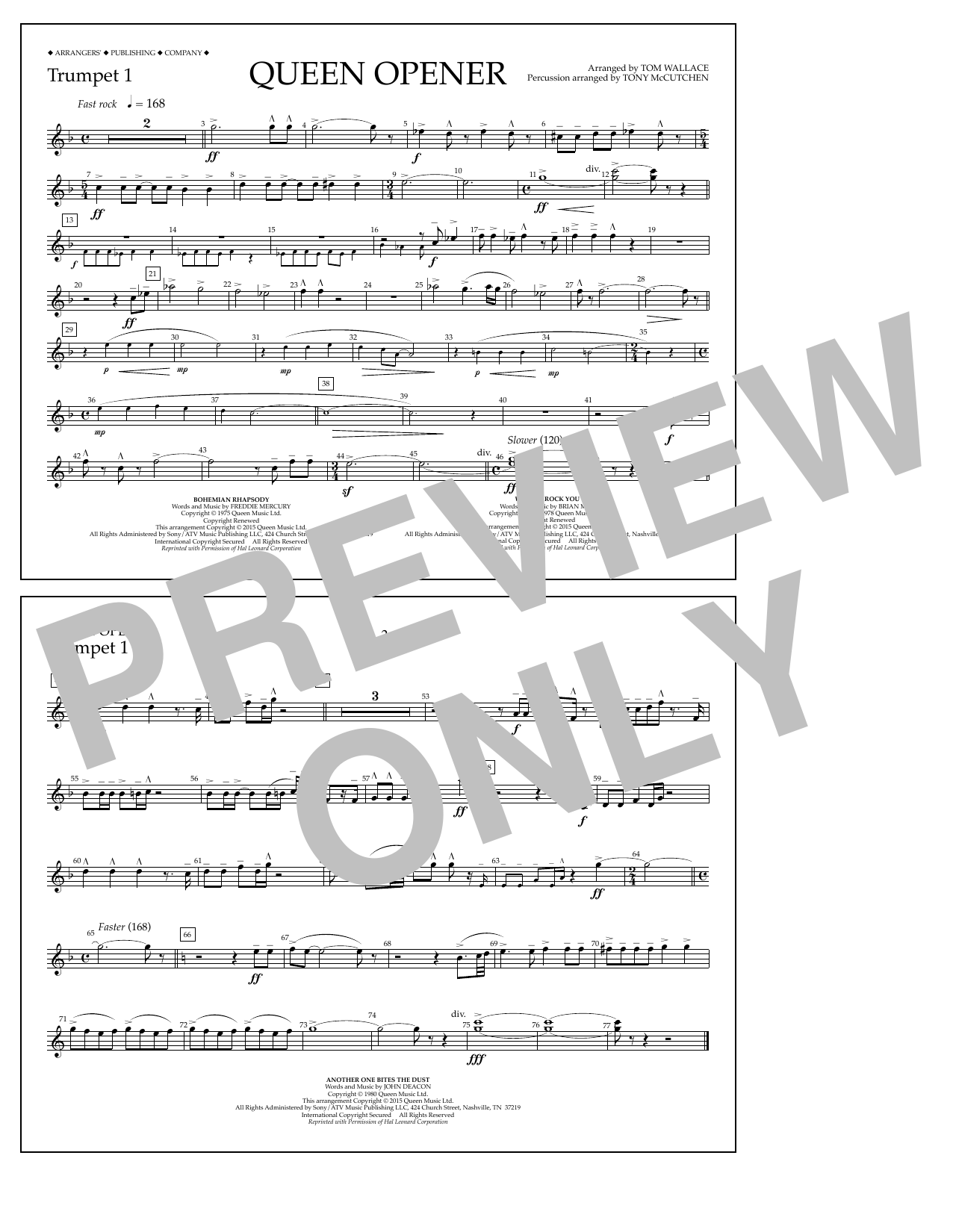 Tom Wallace Queen Opener - Trumpet 1 sheet music notes and chords arranged for Marching Band