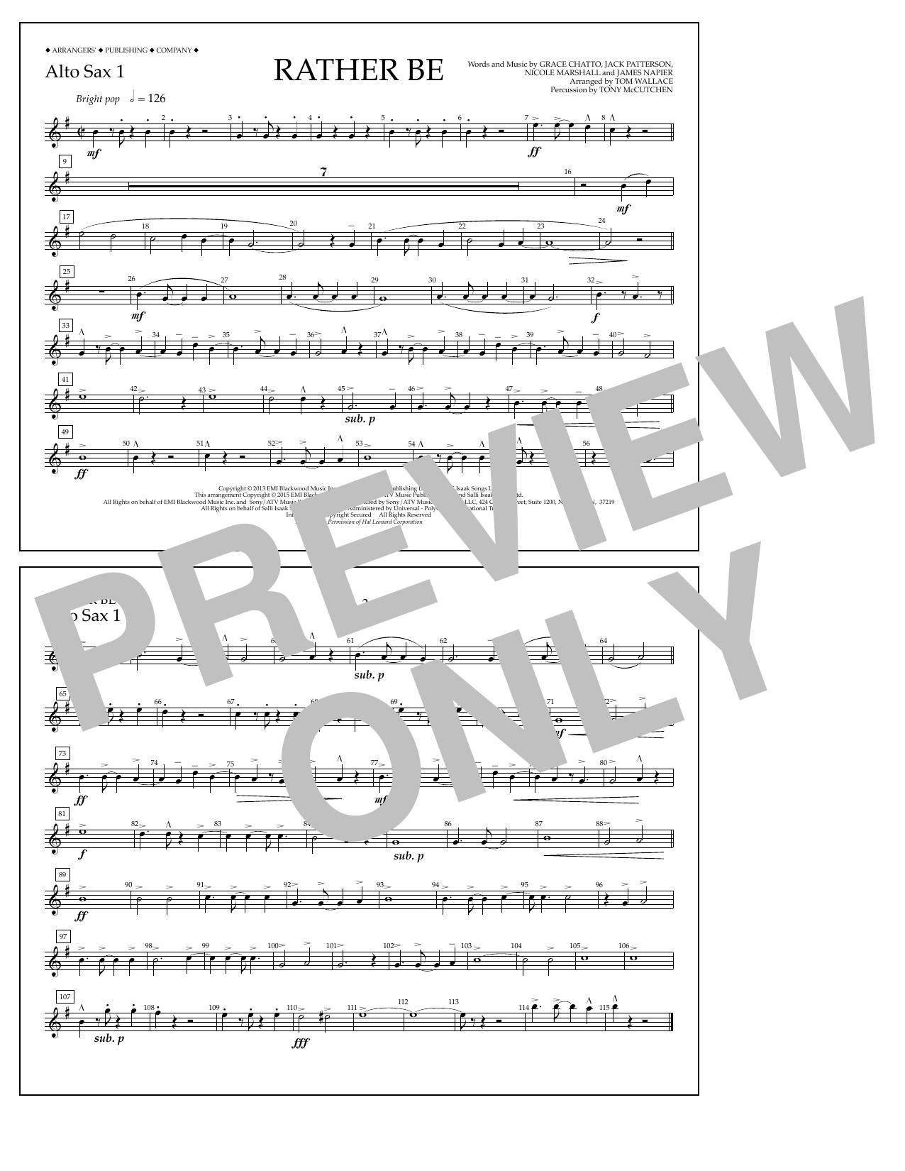 Learn to play Tom Wallace Rather Be - Alto Sax 1 sheet music for Marching Band in minutes. Price: 7.8900$ Tom Wallace Rather Be - Alto Sax 1 sheet music notes and chords arranged for Marching Band