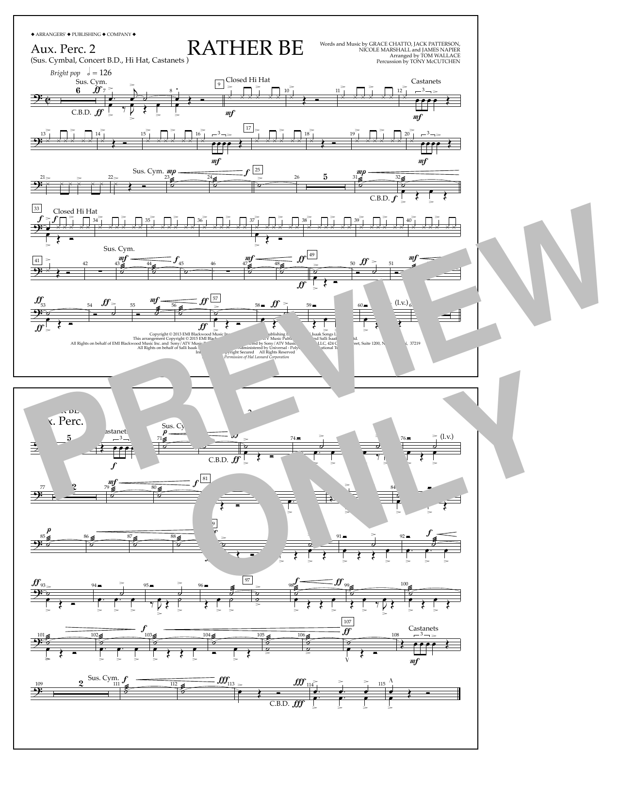 Learn to play Tom Wallace Rather Be - Aux. Perc. 2 sheet music for Marching Band in minutes. Price: 7.8900$ Tom Wallace Rather Be - Aux. Perc. 2 sheet music notes and chords arranged for Marching Band