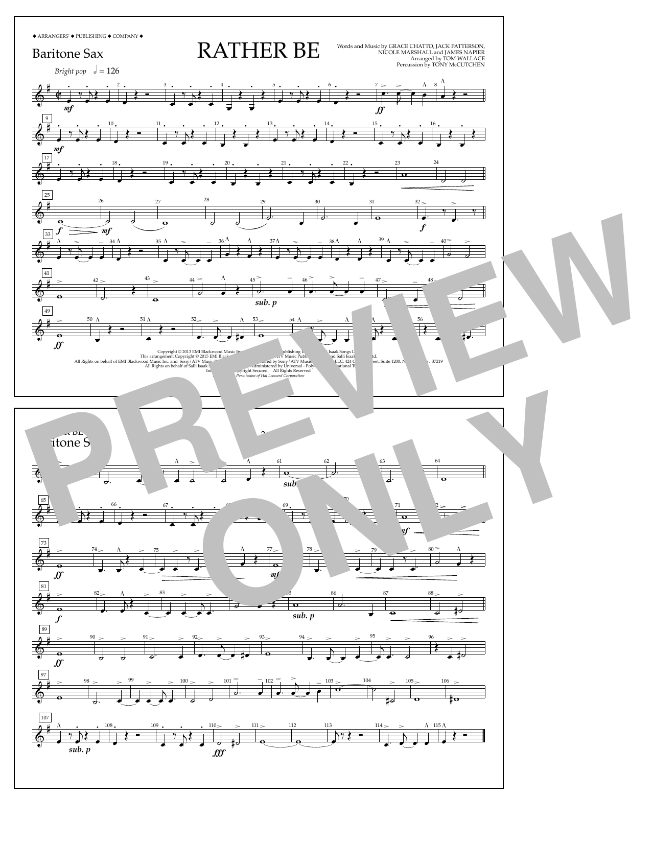 Learn to play Tom Wallace Rather Be - Baritone Sax sheet music for Marching Band in minutes. Price: 7.8900$ Tom Wallace Rather Be - Baritone Sax sheet music notes and chords arranged for Marching Band