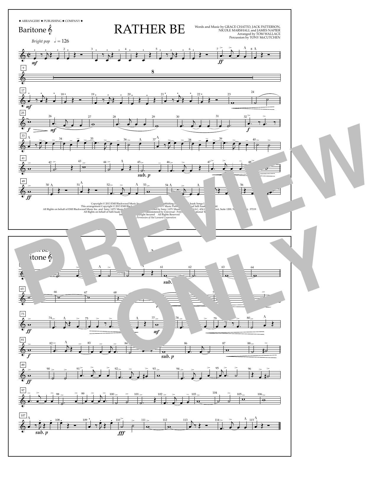 Learn to play Tom Wallace Rather Be - Baritone T.C. sheet music for Marching Band in minutes. Price: 7.8900$ Tom Wallace Rather Be - Baritone T.C. sheet music notes and chords arranged for Marching Band