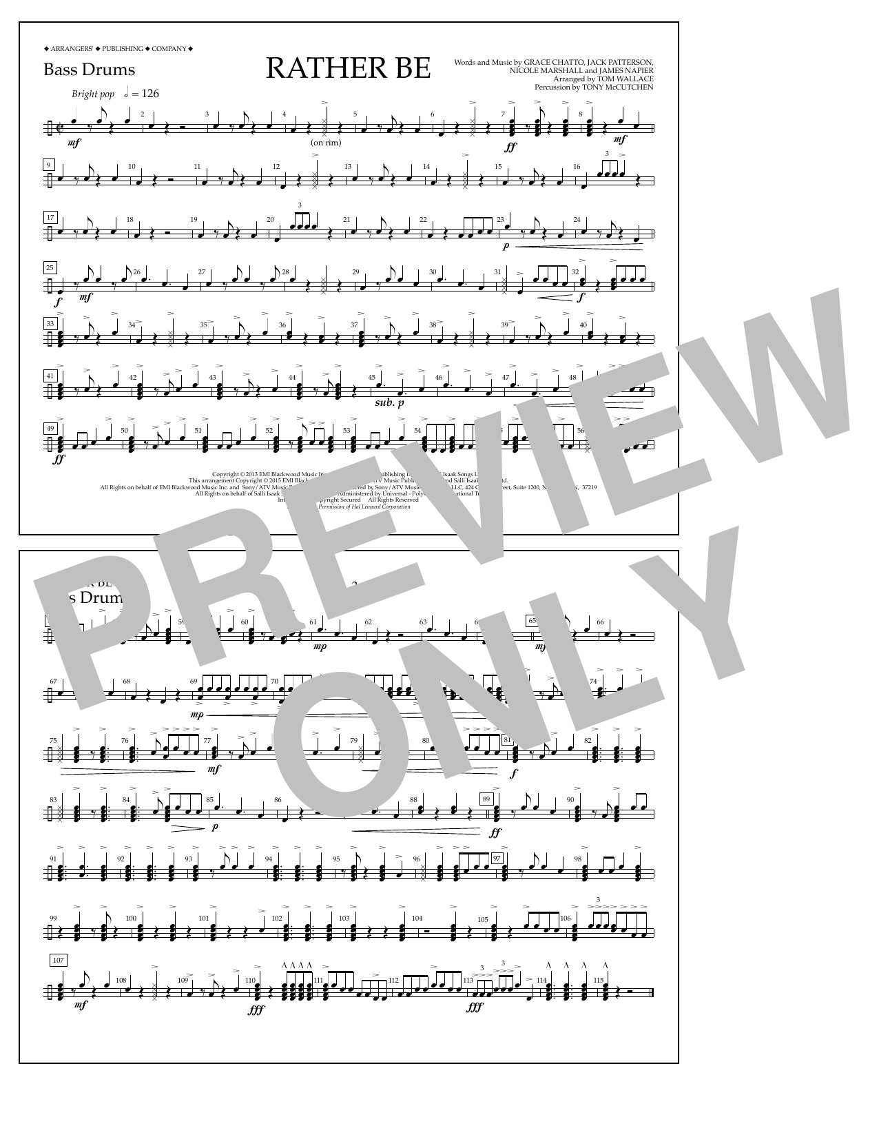 Learn to play Tom Wallace Rather Be - Bass Drums sheet music for Marching Band in minutes. Price: 7.8900$ Tom Wallace Rather Be - Bass Drums sheet music notes and chords arranged for Marching Band