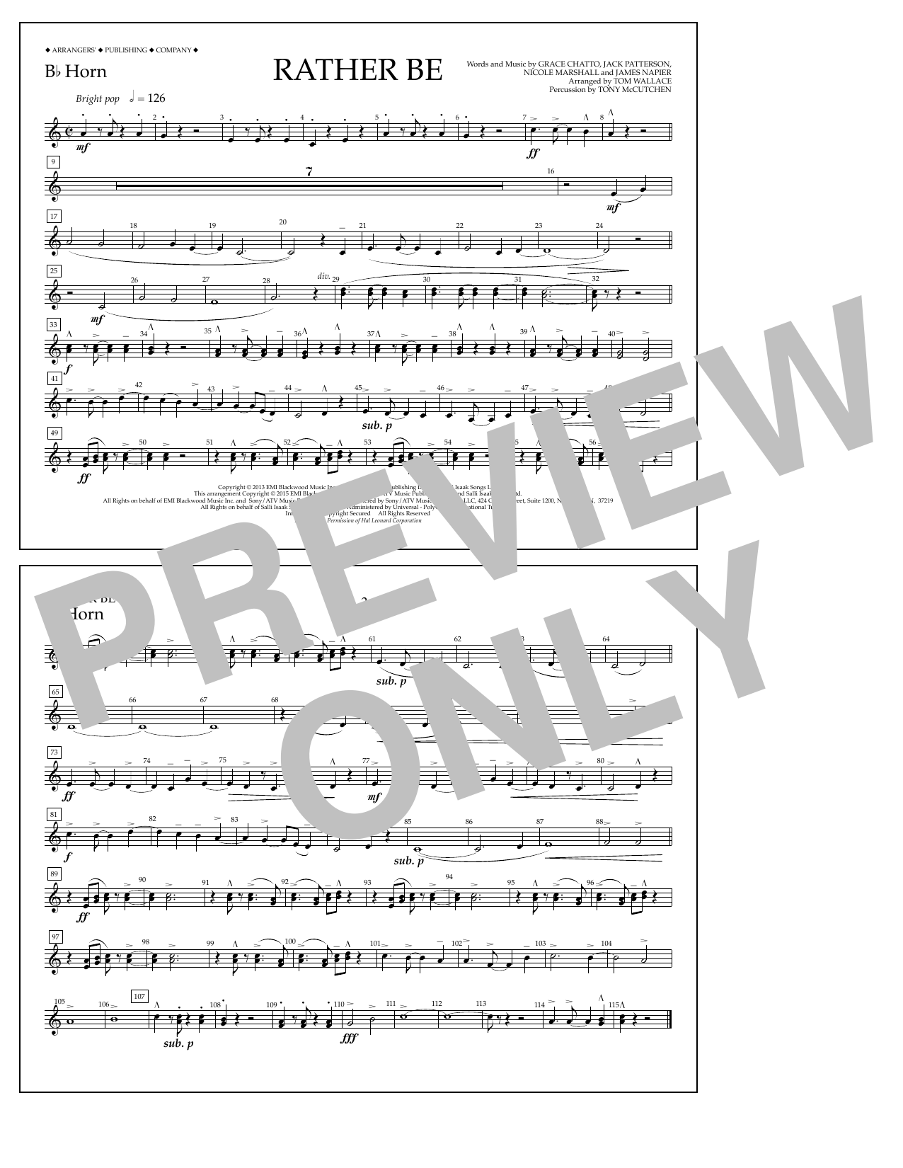 Learn to play Tom Wallace Rather Be - Bb Horn sheet music for Marching Band in minutes. Price: 7.8900$ Tom Wallace Rather Be - Bb Horn sheet music notes and chords arranged for Marching Band