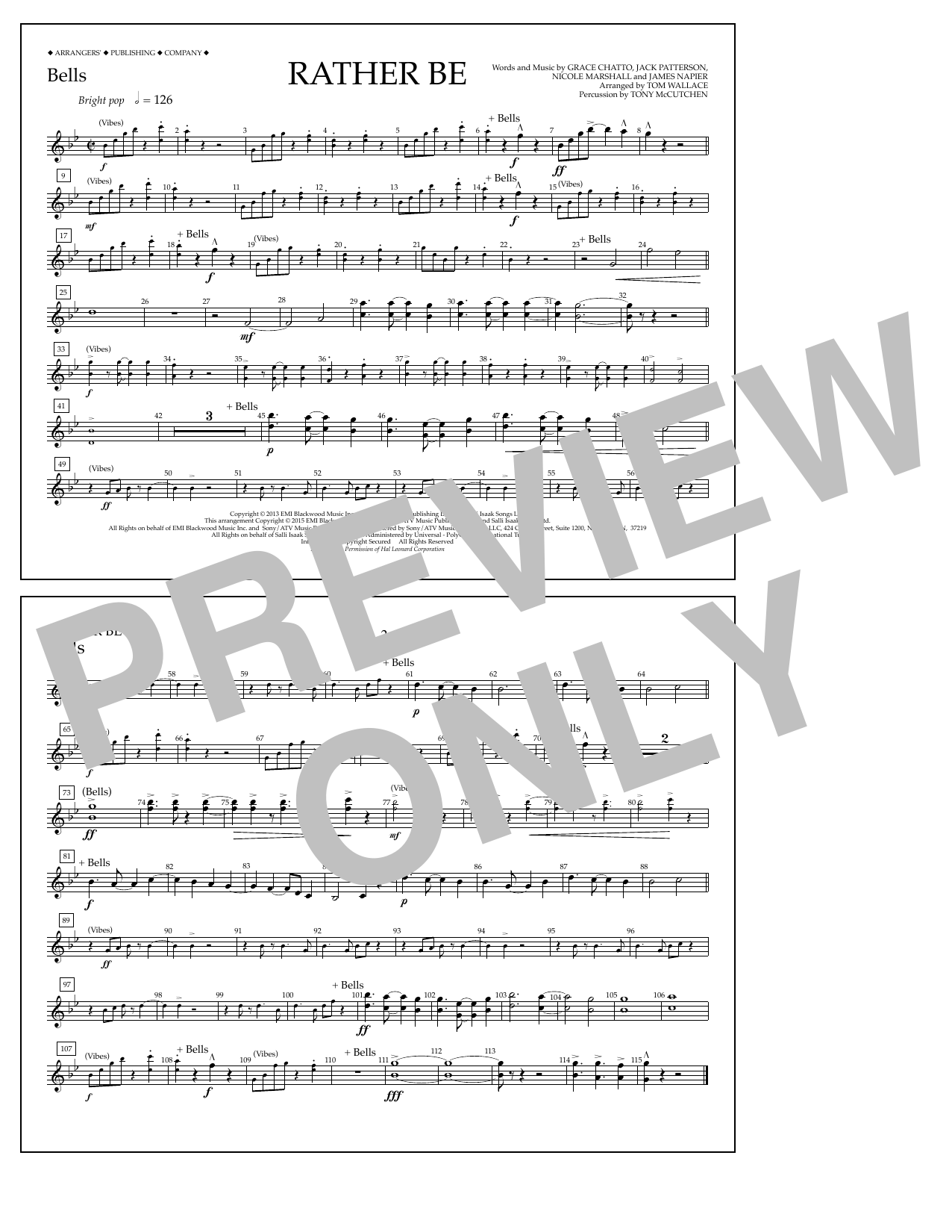 Learn to play Tom Wallace Rather Be - Bells sheet music for Marching Band in minutes. Price: 7.8900$ Tom Wallace Rather Be - Bells sheet music notes and chords arranged for Marching Band