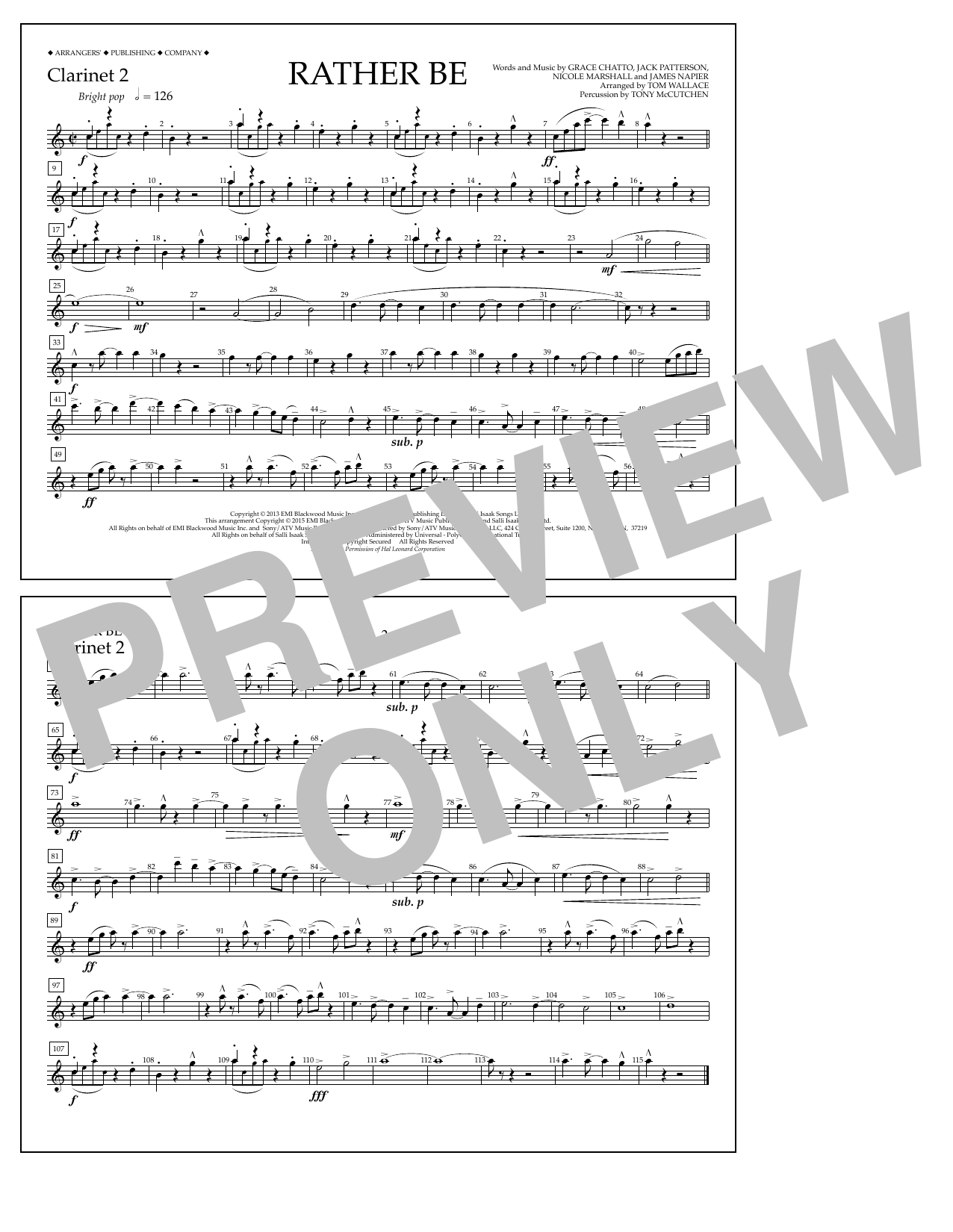Learn to play Tom Wallace Rather Be - Clarinet 2 sheet music for Marching Band in minutes. Price: 7.8900$ Tom Wallace Rather Be - Clarinet 2 sheet music notes and chords arranged for Marching Band