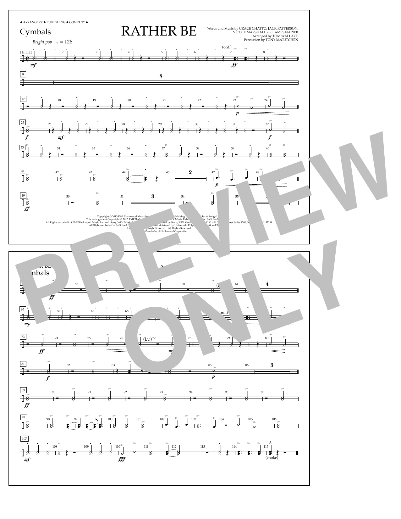 Learn to play Tom Wallace Rather Be - Cymbals sheet music for Marching Band in minutes. Price: 7.8900$ Tom Wallace Rather Be - Cymbals sheet music notes and chords arranged for Marching Band