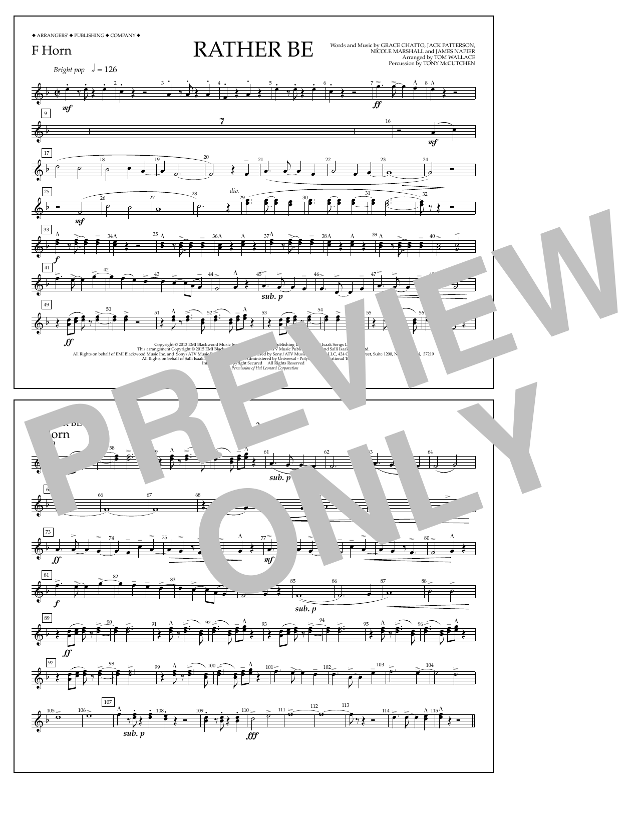 Learn to play Tom Wallace Rather Be - F Horn sheet music for Marching Band in minutes. Price: 7.8900$ Tom Wallace Rather Be - F Horn sheet music notes and chords arranged for Marching Band