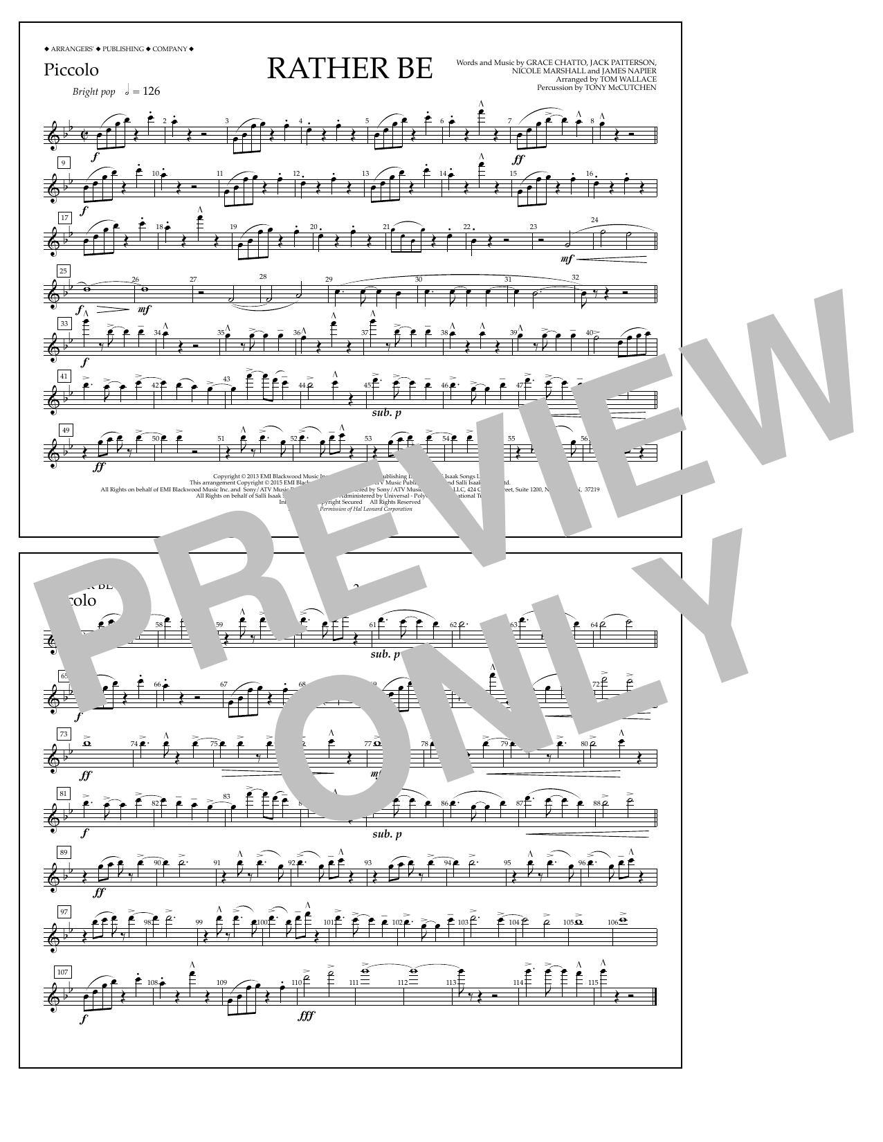 Learn to play Tom Wallace Rather Be - Piccolo sheet music for Marching Band in minutes. Price: 7.8900$ Tom Wallace Rather Be - Piccolo sheet music notes and chords arranged for Marching Band