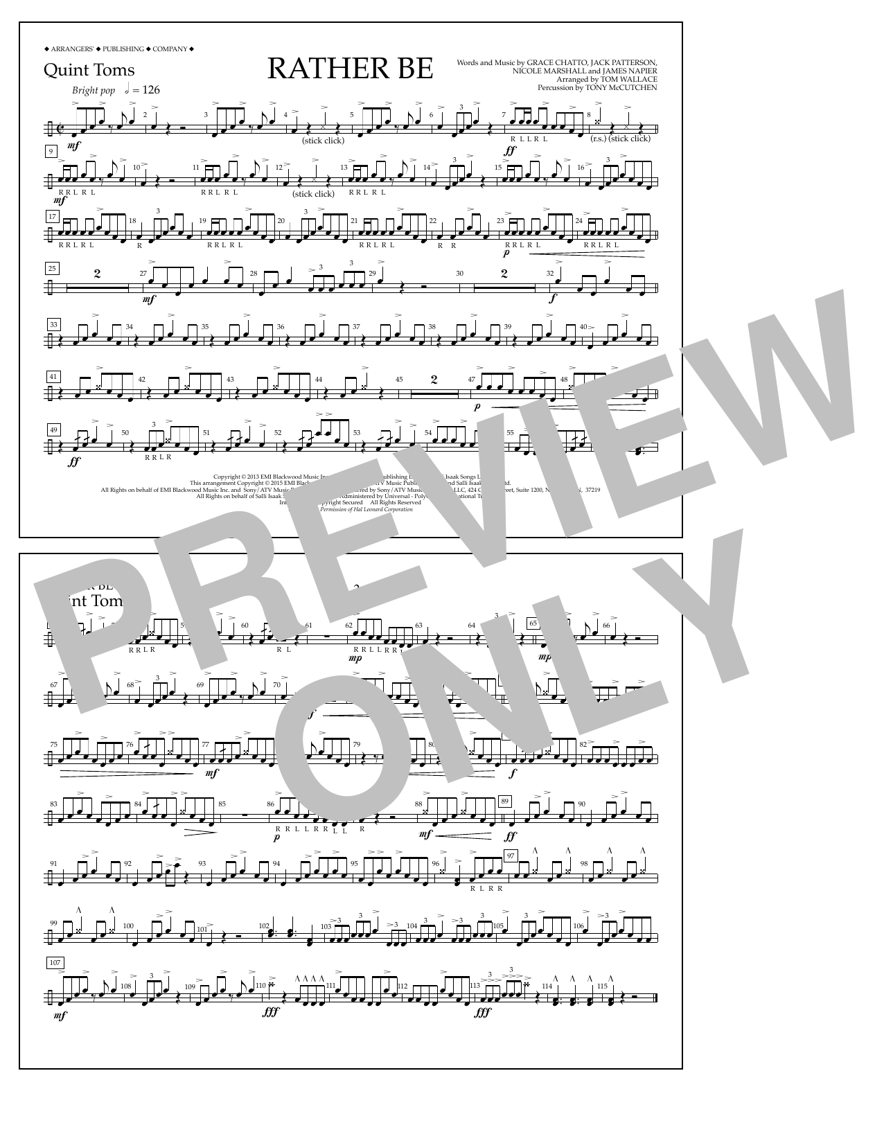 Learn to play Tom Wallace Rather Be - Quint-Toms sheet music for Marching Band in minutes. Price: 7.8900$ Tom Wallace Rather Be - Quint-Toms sheet music notes and chords arranged for Marching Band