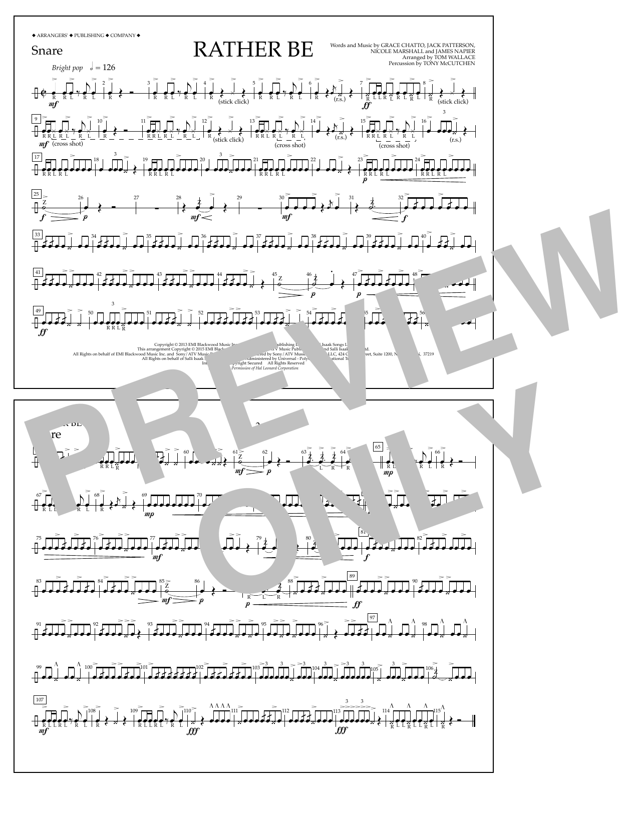 Learn to play Tom Wallace Rather Be - Snare sheet music for Marching Band in minutes. Price: 7.8900$ Tom Wallace Rather Be - Snare sheet music notes and chords arranged for Marching Band
