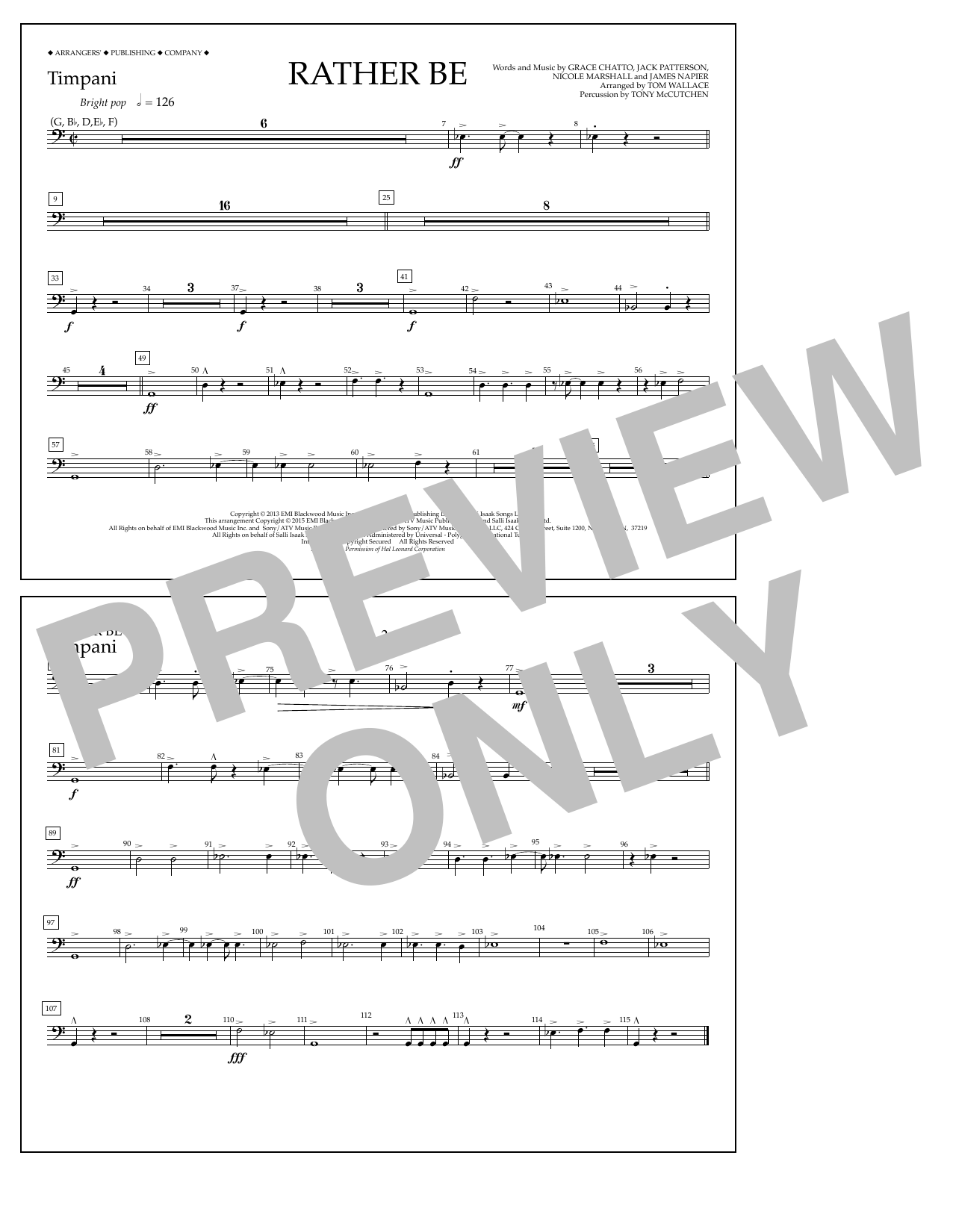 Learn to play Tom Wallace Rather Be - Timpani sheet music for Marching Band in minutes. Price: 7.8900$ Tom Wallace Rather Be - Timpani sheet music notes and chords arranged for Marching Band