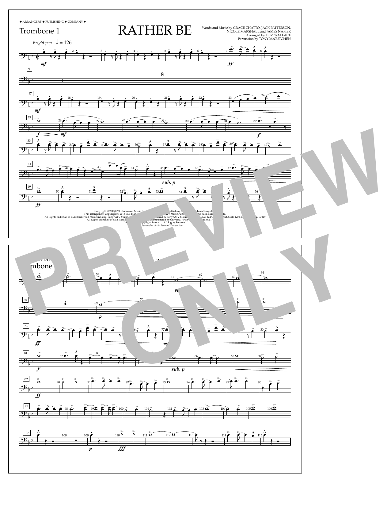 Learn to play Tom Wallace Rather Be - Trombone 1 sheet music for Marching Band in minutes. Price: 7.8900$ Tom Wallace Rather Be - Trombone 1 sheet music notes and chords arranged for Marching Band